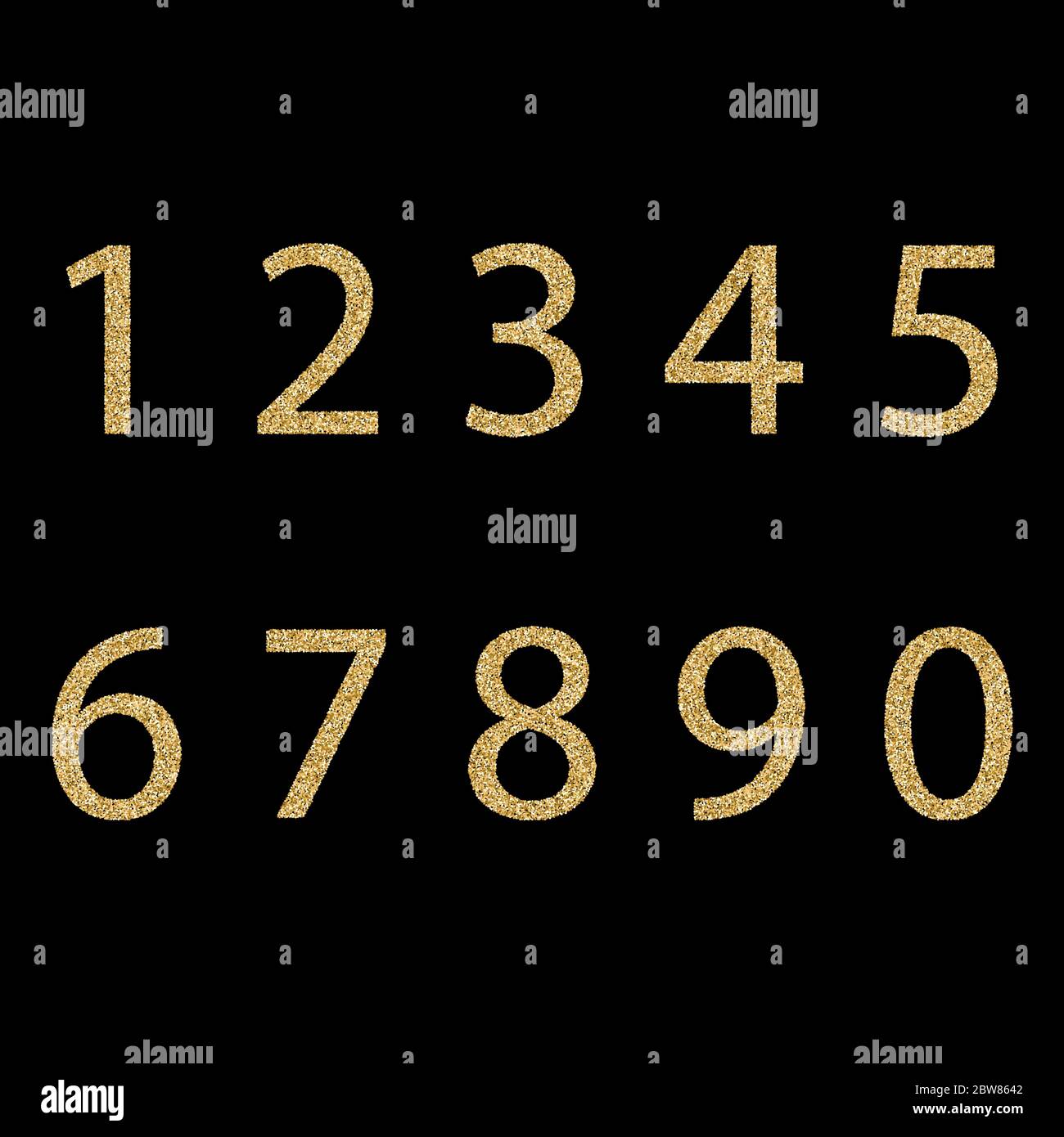 Satz von handgezeichneten Zahlen mit goldenem Glitzer-Effekt, Figuren isoliert auf schwarzem Hintergrund. Vektorgrafik Stock Vektor