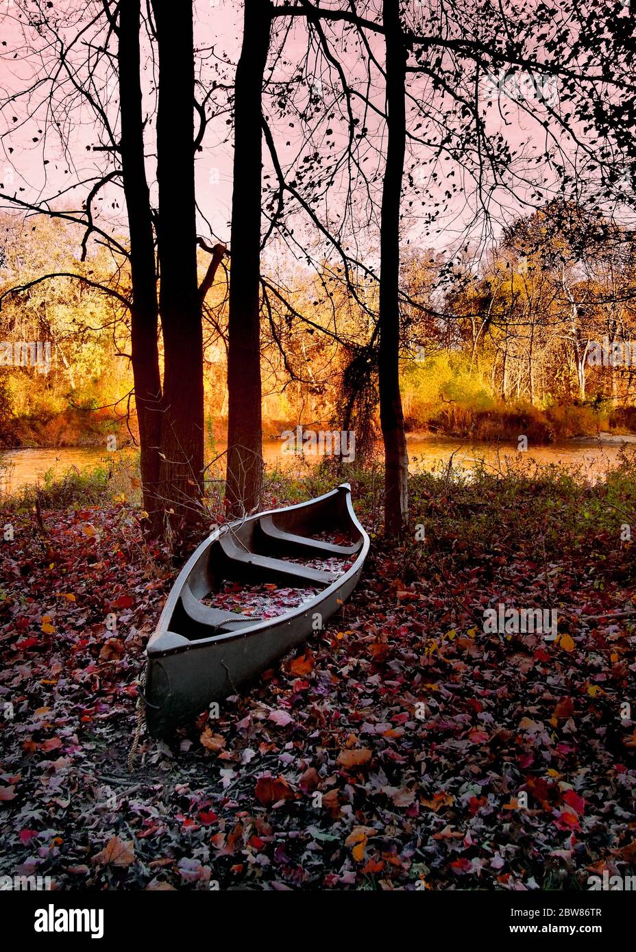 Ein verlassenes Kanu unter den gefallenen Blättern des Herbstes. Stockfoto