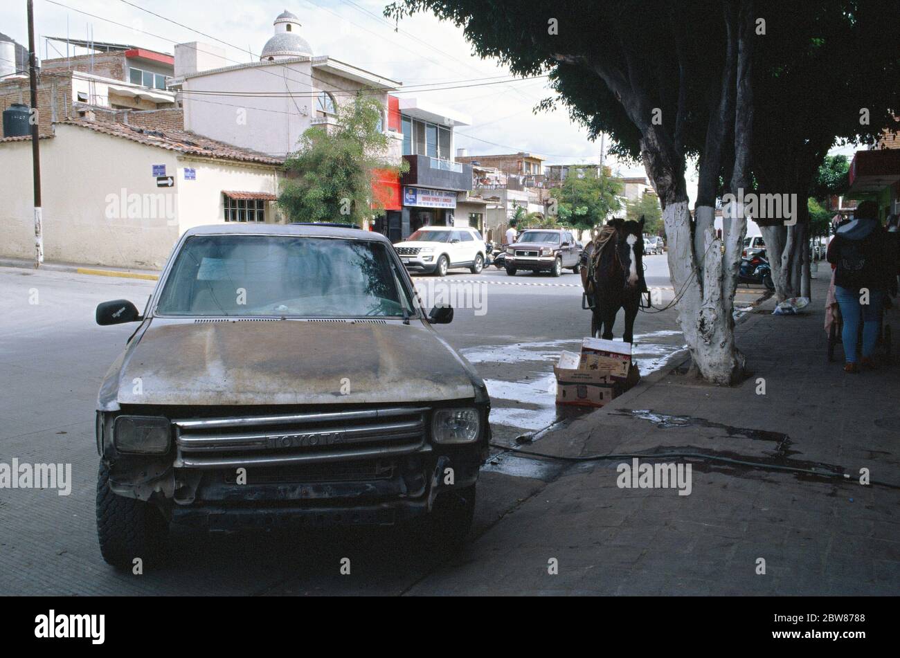 Pick-up Truck und Pferd vor einem lokalen Geschäft in Jocotepec, Mexiko, moderne und traditionelle Verkehrsmittel Stockfoto