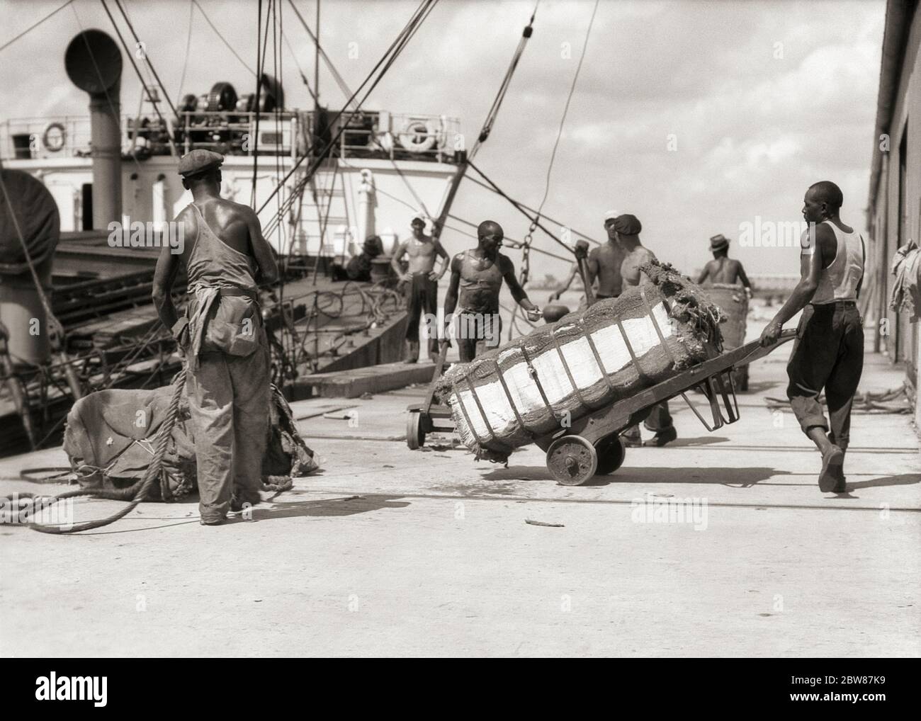 1930ER GRUPPE AFROAMERIKANISCHER ARBEITER MÄNNER DOCKT ARBEITER AN, DIE BAUMWOLLBALLEN IN DEN SCHIFFSFRACHTER LADEN NEW ORLEANS LOUISIANA USA - C6279 HAR001 HARS MÄNNER SCHIFFE, DIE FRACHT TRANSPORTIEREN LANDWIRTSCHAFT B&W NORDAMERIKA, DIE NORDAMERIKANISCHES WEITWINKEL-ORLÉANS STÄRKE AFRIKANAMERIKANER, AFROAMERIKANISCHE SCHWARZE ETHNIZITÄT, ARBEIT LOUISIANA IN ARBEITER DER BESCHÄFTIGUNG BERUFE SÜDLICHEN KONZEPTIONELL LONGSHOREMEN MITARBEITER FRACHTER MITTE ERWACHSENE MITTE ERWACHSENE MANN VERSAND JUNGE ERWACHSENE MANN BALLEN SCHWARZ UND WEISS HAR001 ARBEIT NEW ORLEANS ALTMODISCHE SCHIFF AFROAMERIKANER Stockfoto