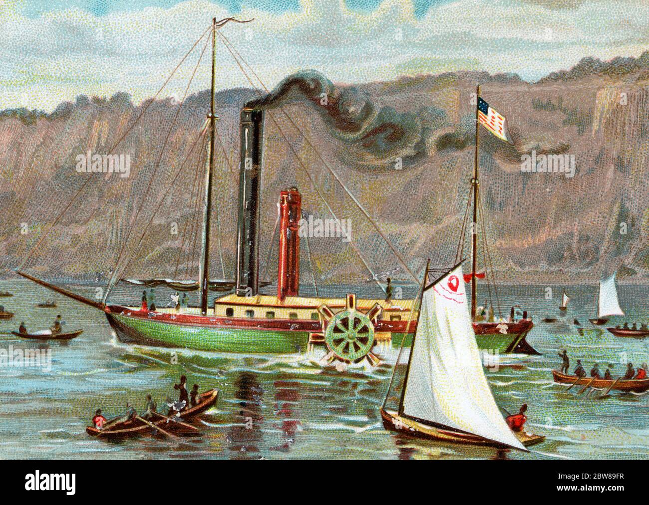 1807 ROBERT FULTON DAMPFER RADDAMPFER CLERMONT CHUGGING 150 MEILEN BEI 5 MPH HUDSON RIVER NACH ALBANY NY USA - KS12573 CPC001 HARS AUFREGUNG FORTSCHRITT INNOVATION BIS HIGH-TECH ALBANY OSTKÜSTE NEW YORK ERFINDUNG MOBILITÄT RUDERBOOT SEGELBOOT ERFINDER VERSAND DAMPFER 1807 AMERIKANISCHE FLAGGE CLERMONT HUDSON RIVER MILES ALTMODISCHES DAMPFBOOT Stockfoto