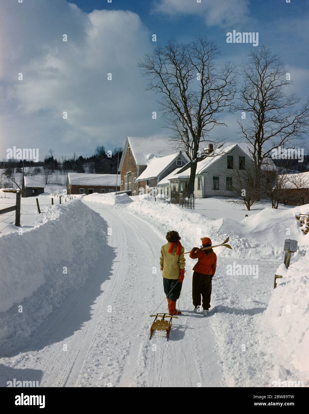 1950ER JAHRE ZWEI ANONYME KINDER JUNGE UND MÄDCHEN ZU FUSS HINUNTER SCHNEEBEDECKTEN WINTER FARM STRASSE ZIEHEN SCHLITTEN MIT SKIERN IN DER NÄHE GROTON VERMONT USA - KW596 HEL001 HARS FRAUEN BRÜDER LÄNDLICHEN SCHLITTEN GESUNDHEIT ZU HAUSE LEBEN VEREINIGTE STAATEN KOPIE RAUM FREUNDSCHAFT VOLLER LÄNGE VEREINIGTE STAATEN VON AMERIKA MÄNNER GESCHWISTER SCHNEEREICHEN NORDAMERIKA WINTERZEIT NORD AMERIKANISCHE AKTIVITÄT GLÜCK KÖRPERLICHE HOCHWINKEL ABENTEUER KRAFT ERHOLUNG IN DER NÄHE GESCHWISTER FLEXIBILITÄT MUSKELN VT GROTON JUGENDLICHE ZWEISAMKEIT ALTMODISCH Stockfoto