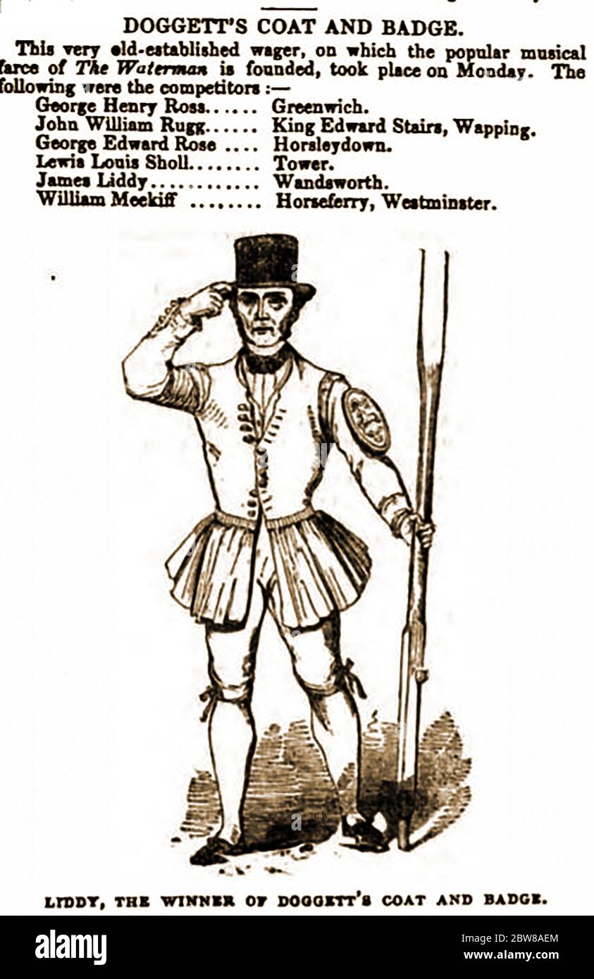 Thames Royal Yacht Club Race 1842. James Liddy, Gewinner von Doggetts Coat & Badge mit Liste anderer Konkurrenten; George Henry Ross, Greenwich; John William; John Edward Rugg, King Edward's Stairs, Wapping; George Edward Rose, Horsleydown; Lewis, Louis Sholl, Tower; und William Meekiff , Horseferry, Westminster. Doggett's Coat and Badge ist der Preis und Name für das älteste Ruderrennen der Welt. Der Preis ist ein traditioneller, roter Mantel mit silbernem Abzeichen, der das Pferd des Hauses Hannover und das Wort "Freiheit" zeigt.an den Wettbewerbern nehmen bis zu sechs Wassermänner Teil. Stockfoto