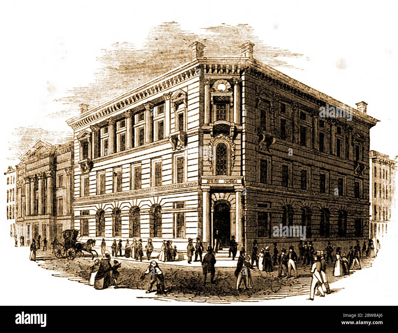 Die Sun Fire Office, London, im Jahr 1842. Die Sun Fire Office wurde im April 1710 in London, England, gegründet und ist heute die älteste bestehende Versicherungsgesellschaft der Welt. Es entstand in einem Geschäft von Charles Povey im Jahr 1708 gegründet ( die Exchange House Fire Office) mit einem Sonnensymbol als Feuerzeichen . Es wurde 1710 von der Company of London Insurers übernommen und formal als eine Partnerschaft, bekannt als Sun Fire Office, gegründet. Stockfoto