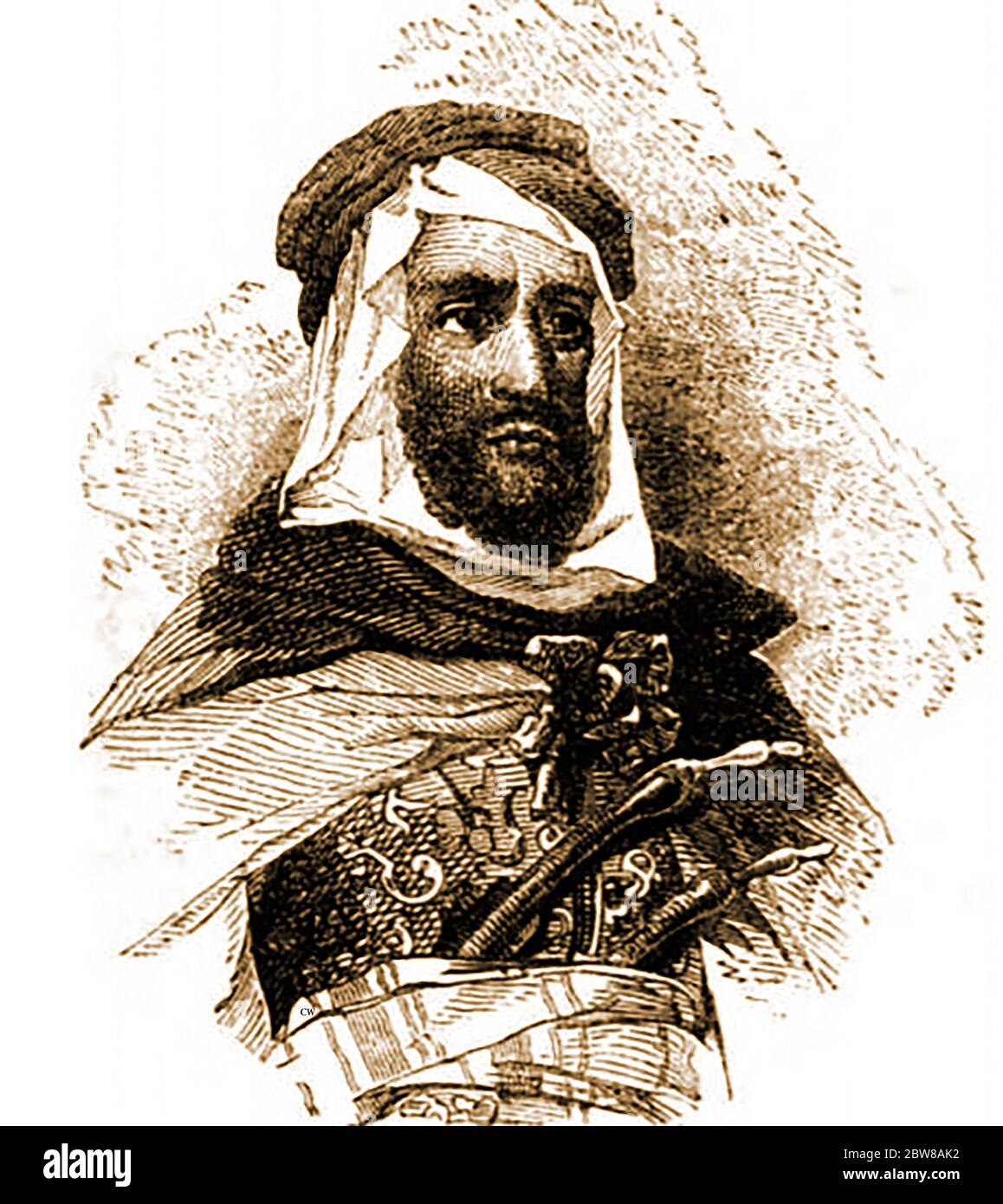 1842 Porträt von Abdel el Kadar (auch bekannt als Abdelkader al-Jazairi, Abd al-Qādir ibn Muḥyiddīn, Emir Abdelkader und Abdelkader El Djezairi). 1808-1883 . Er war ein algerischer religiöser und militärischer Führer, der Mitte des 19. Jahrhunderts einen Kampf gegen die französische Kolonialinvasion führte. Seine Einhaltung der Menschenrechte sah ihn als "der Fürstenheilige und der Prinz unter den Heiligen" an. Seine sparsame Lebensweise erstreckte sich auf das Leben im Zelt Stockfoto