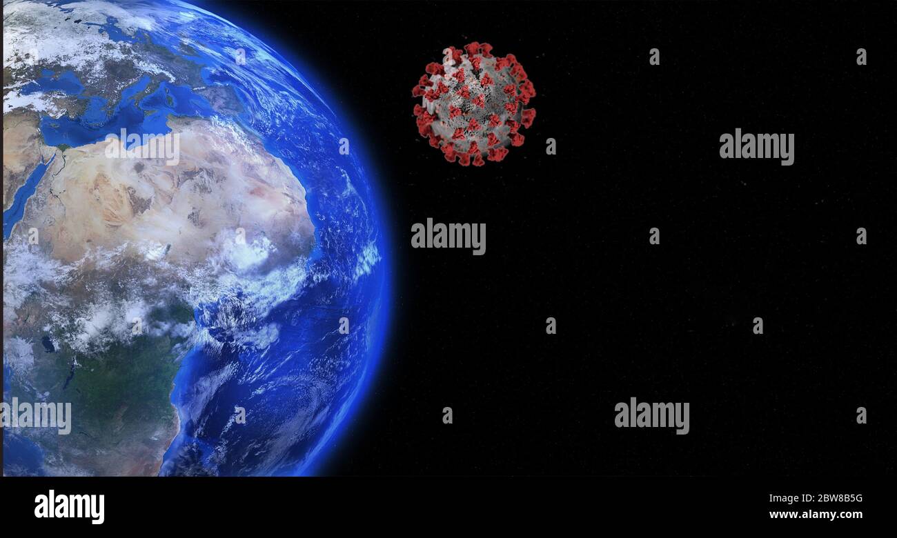 Der Mond verwandelt sich neben dem Planeten Erde in Corona-Virus. Isoliert auf weißem Hintergrund. Stockfoto