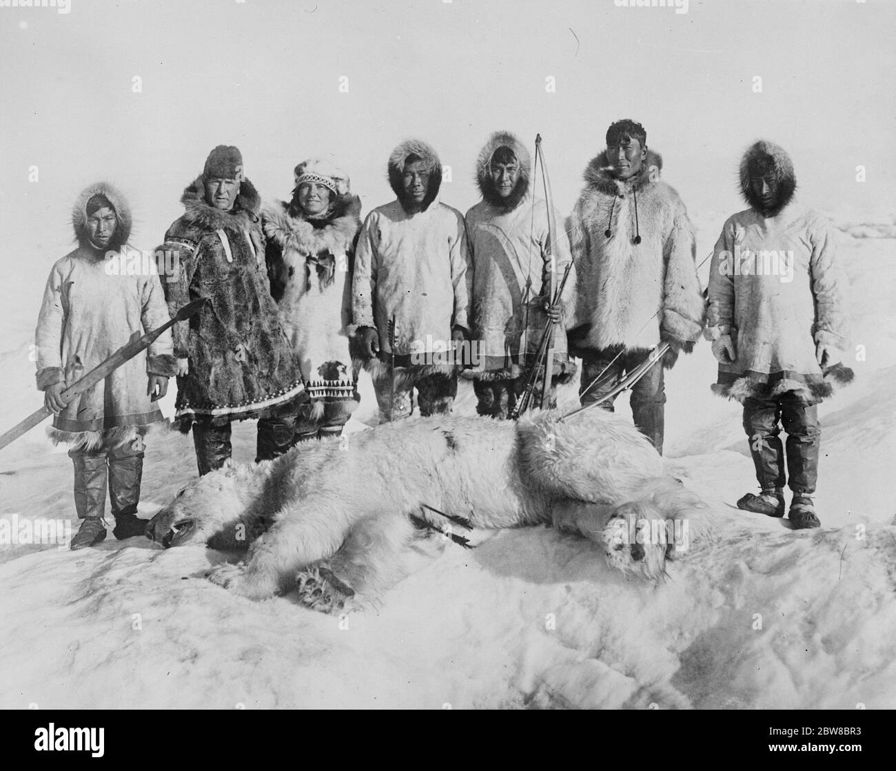 Arktis-Expedition von Kapitän F. E. Kleinschmidt . Kapitän und Frau Kleinschmidt und ihre Partei mit einem riesigen Eisbären. 10 Juni 1926 Stockfoto