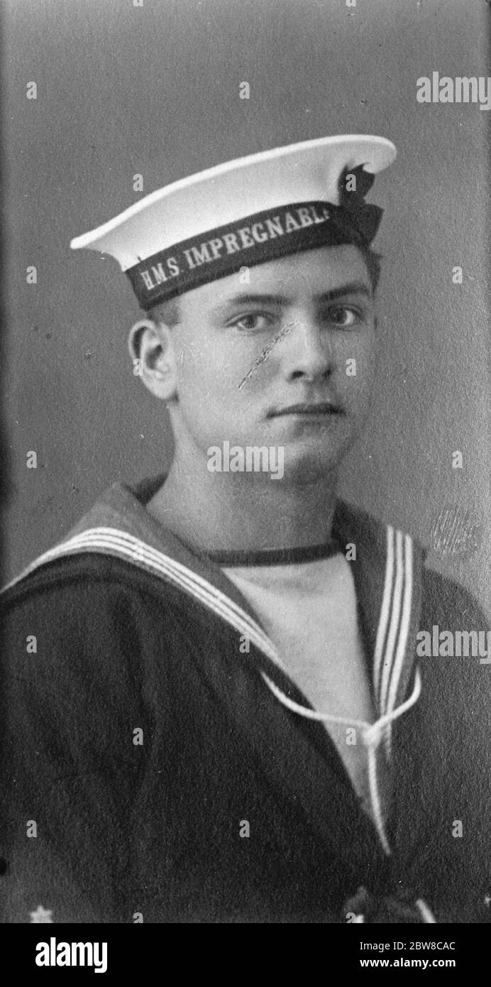 Instructor Boy William James Frank Collings, der Senior Boy der uneinnehmbaren Ausbildung Einrichtung, Devonport, der volle Mark 's in allen Fächern der Seemannschaft genommen hat. Bis 13. August 1927 Stockfoto