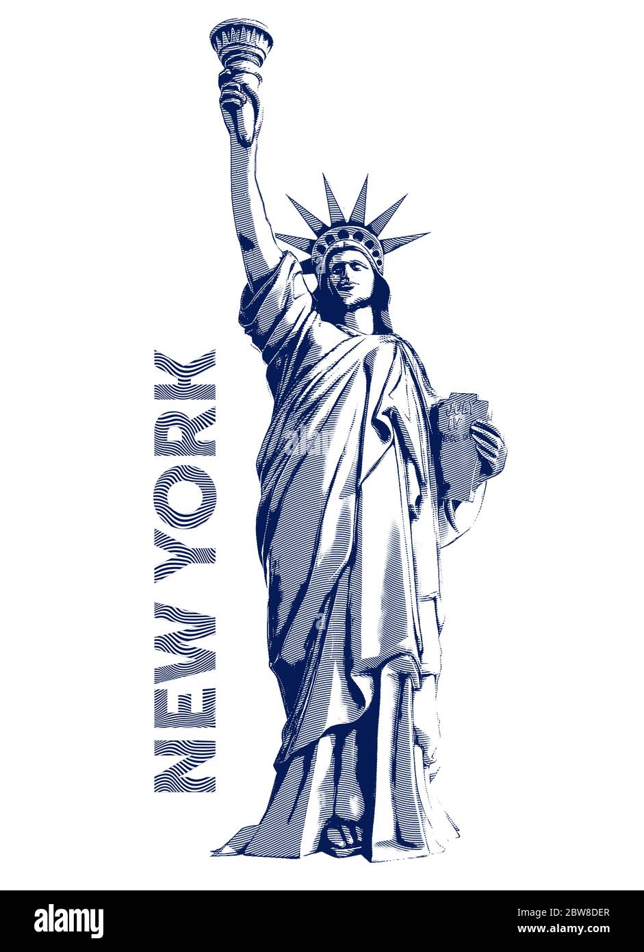 Liberty Statue, New York, Manhattan, USA, Amerika - Illustration, blau, Liniengrafik - Hintergrund isoliert weiß / Kopie, Körper, Textraum Stockfoto