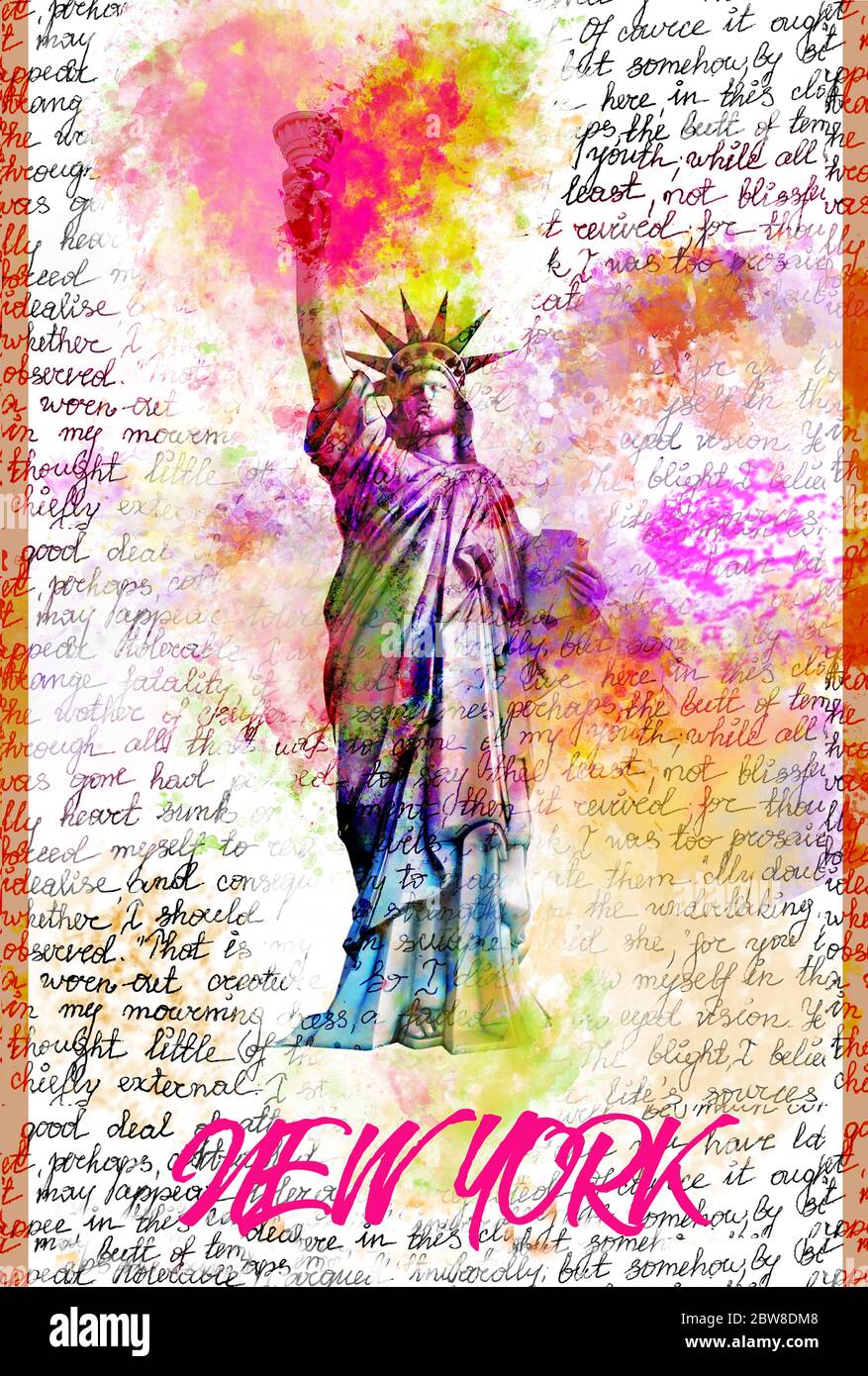 Liberty Statue New York Pop Art Illustration - Bright Rainbow Colors, Pink Prange Yellow, Typografie Graphic Art Stockfoto