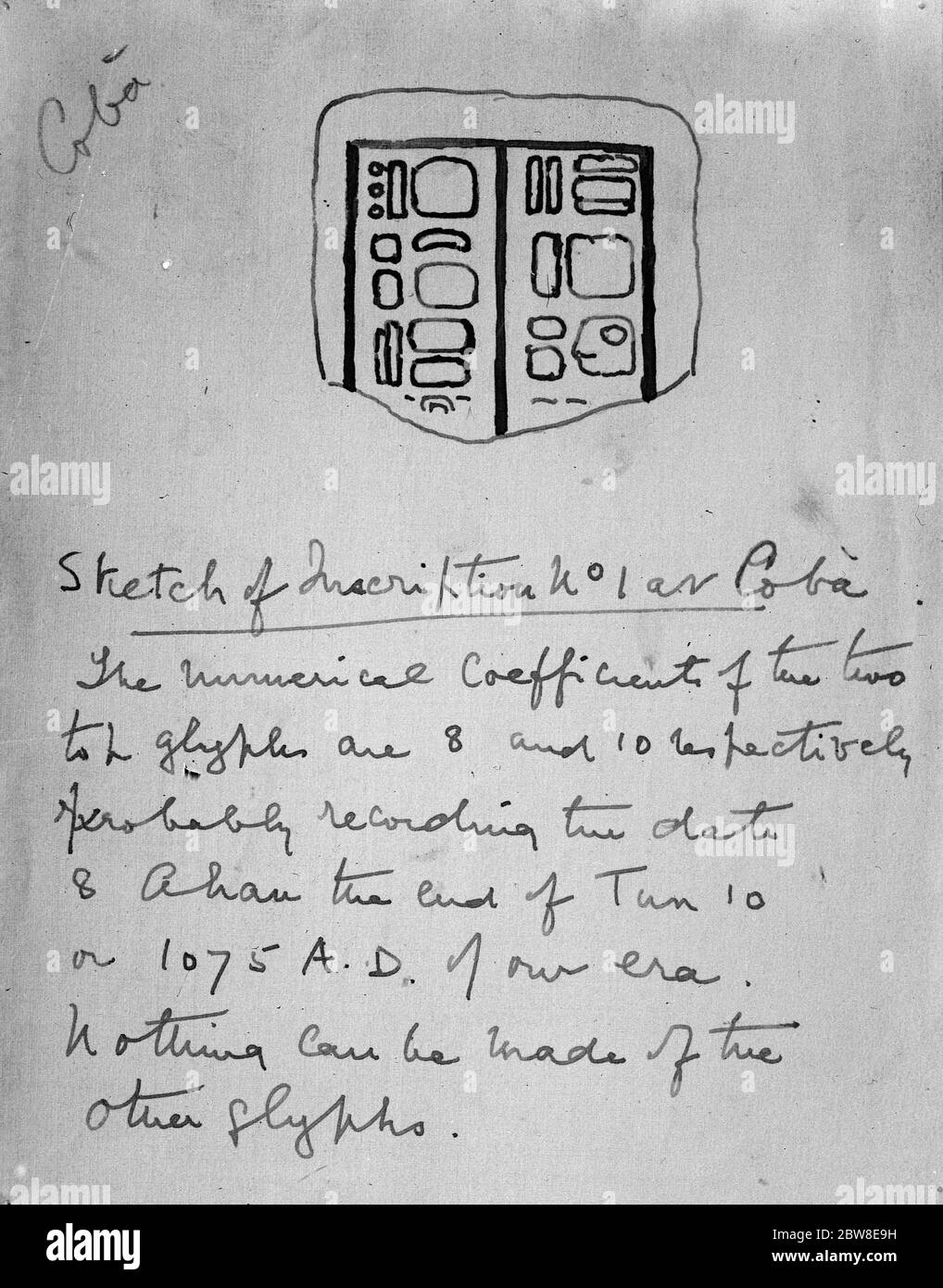 Skizze der Inschrift während der Erkundung der ruinierten Maya-Stadt Coba gefunden. 26. April 1926 Stockfoto