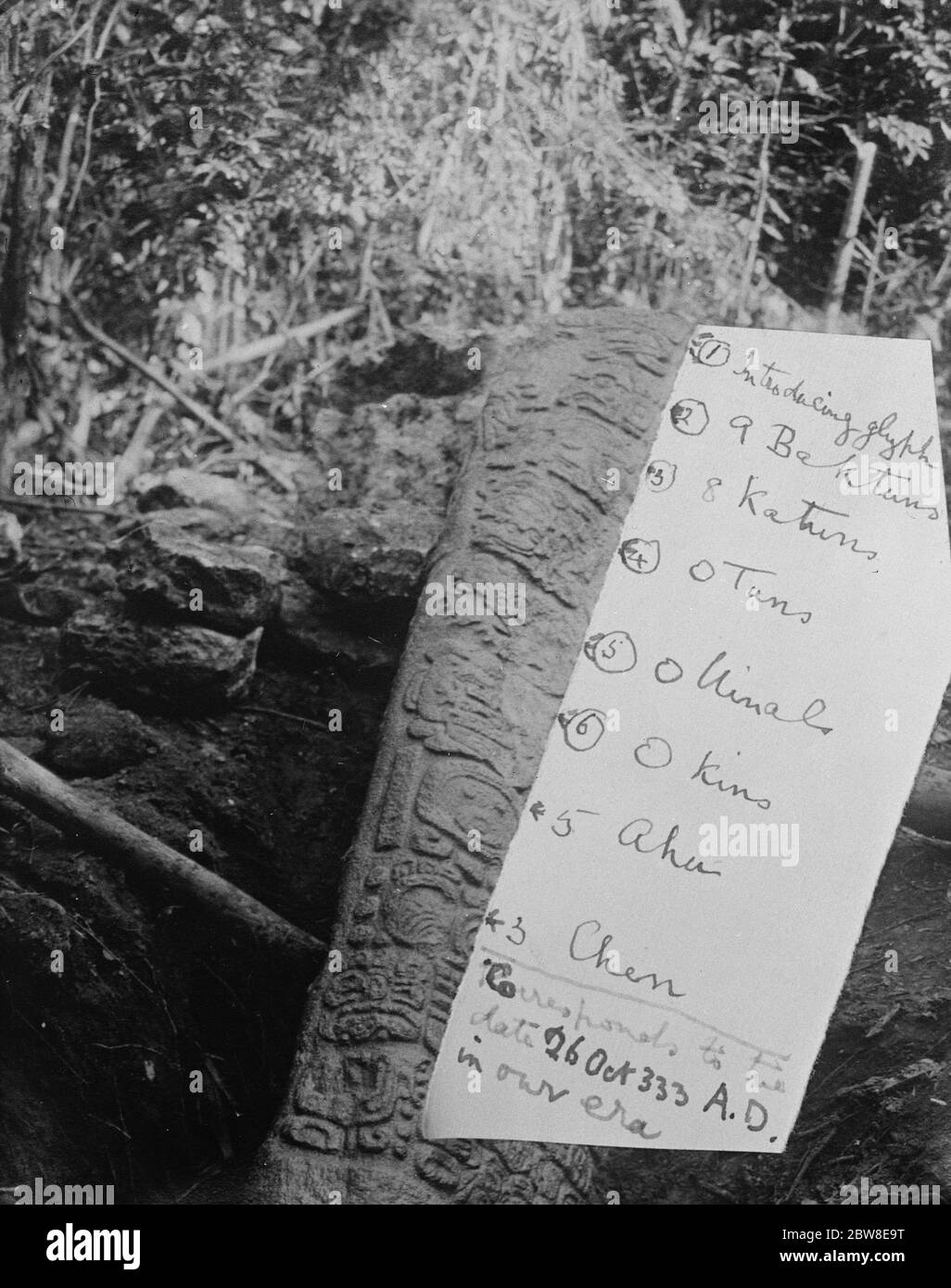 Berühmte Explorer 's markante Entdeckung . Datierte Tablette auf bisher unbekannte Maya-Site in Virgin Forests of Yucatan gefunden. Die datierte Maya Stela. 22 Februar 1926 Stockfoto