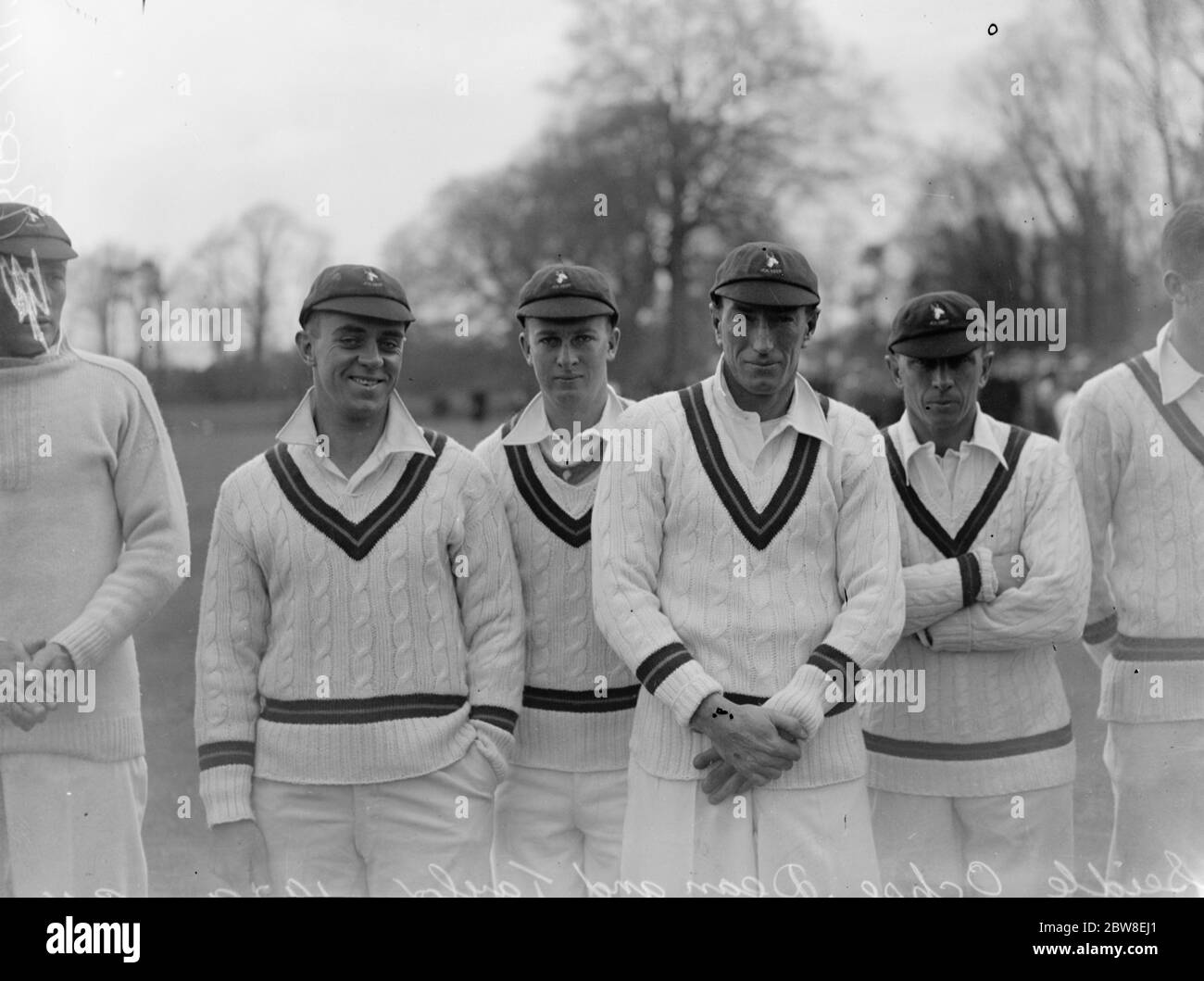 Südafrikanische Kricketspieler ( Posed ) . Von links nach rechts: Seidle, Ochse, Dean und Taylor. April 1929 Stockfoto