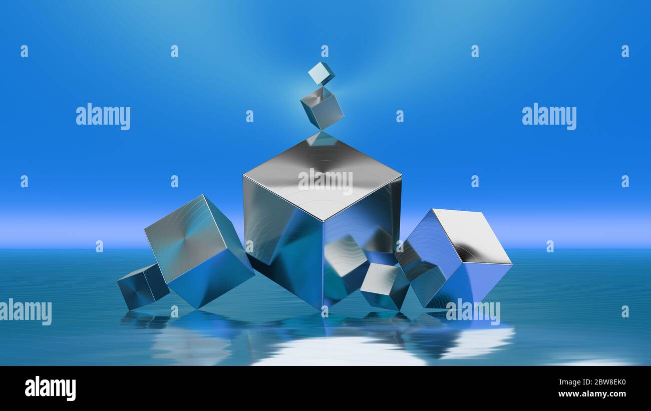 Abstraktes 3d-Rendering. Blaue Würfel mit vielen Größen auf glänzender Oberfläche. Futuristische Hintergrund-Tapete in hoher Auflösung 8k. Stockfoto