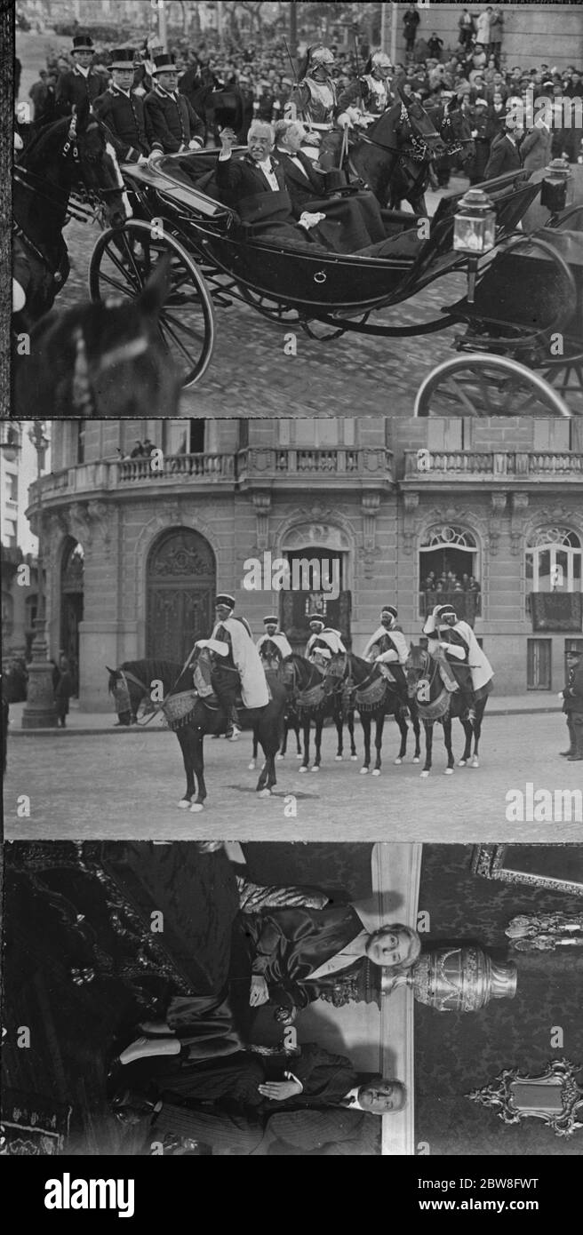 Spanien ' s neue Herrscher . Eine malerische Ehrenwache der maurischen Calvalry in der Prozession für die Installation von Senor Zamora als erster Präsident der Spanischen Republik . Senor Zamora, Spaniens erster Präsident, grüßt ihn, als er für seine Installation durch die überfüllten Straßen Madrids fährt. 14 Dezember 1931 Stockfoto