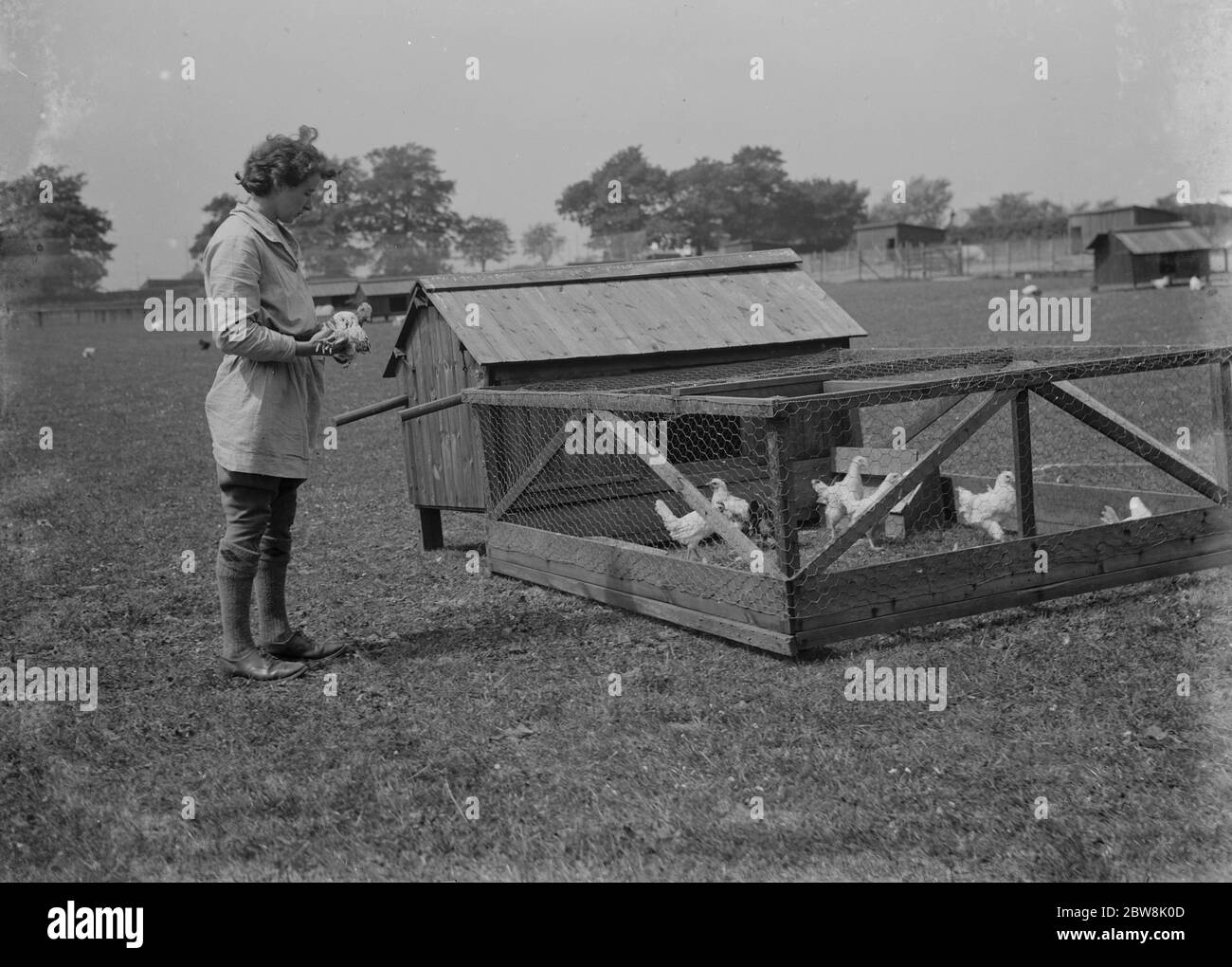 Eine Frau Farmarbeiterin schaut ihre Hühner in der Hühnerstall . 1935 . Stockfoto