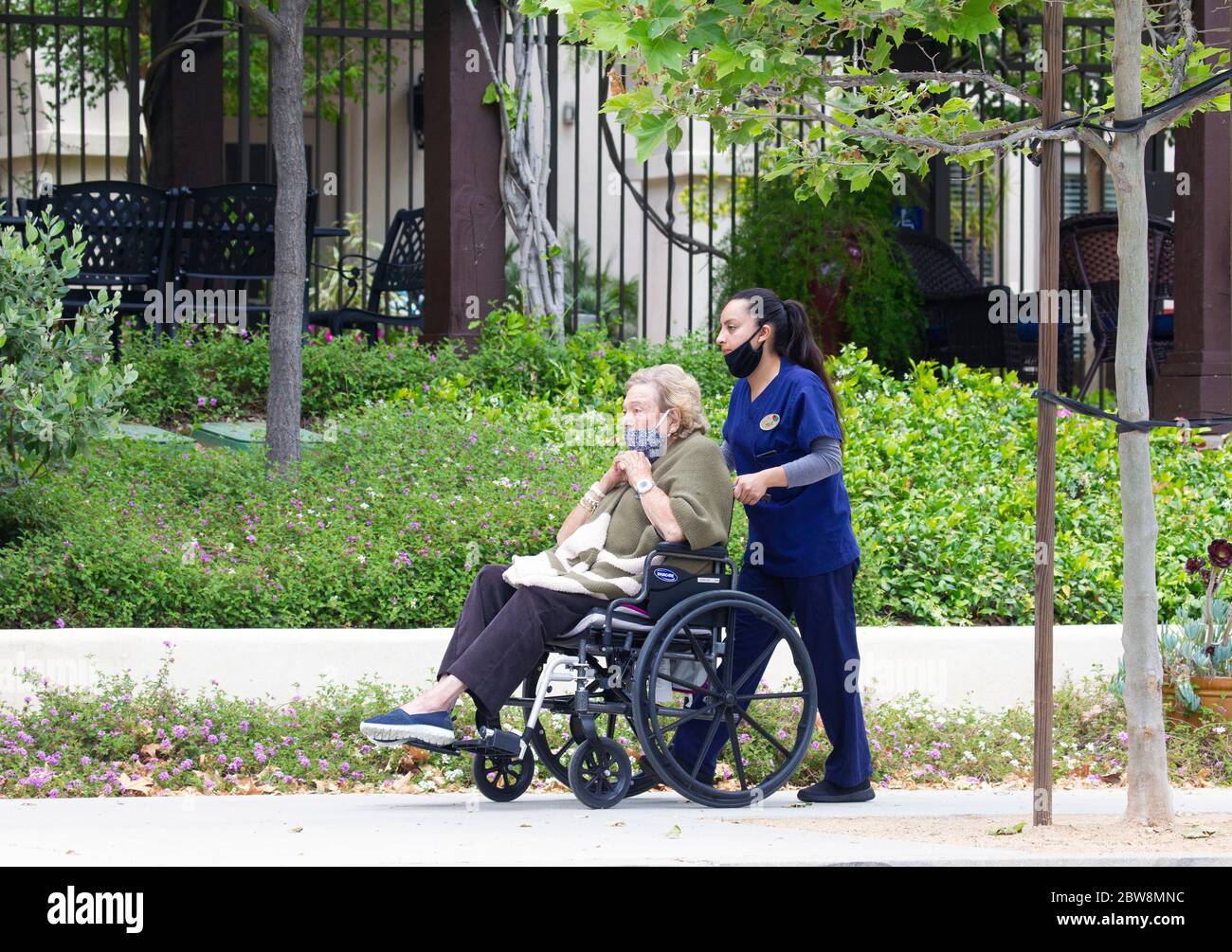 Pflegedienst schieben ältere Client in Wheel Chair Stockfoto