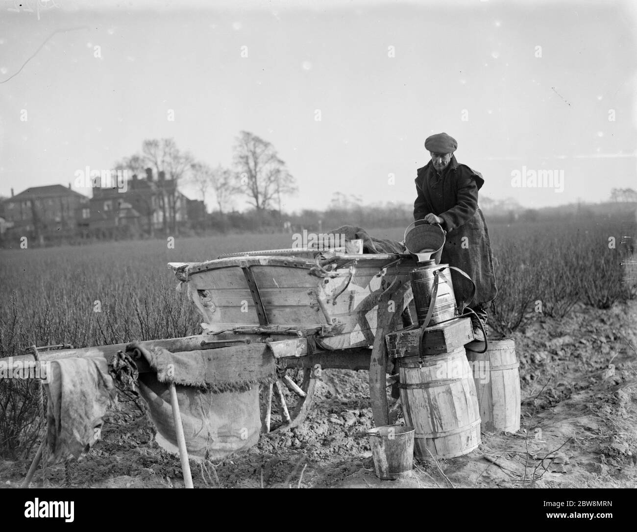 Ein Bauer füllt seine Fässer mit Fruchtspray. 1936. Stockfoto