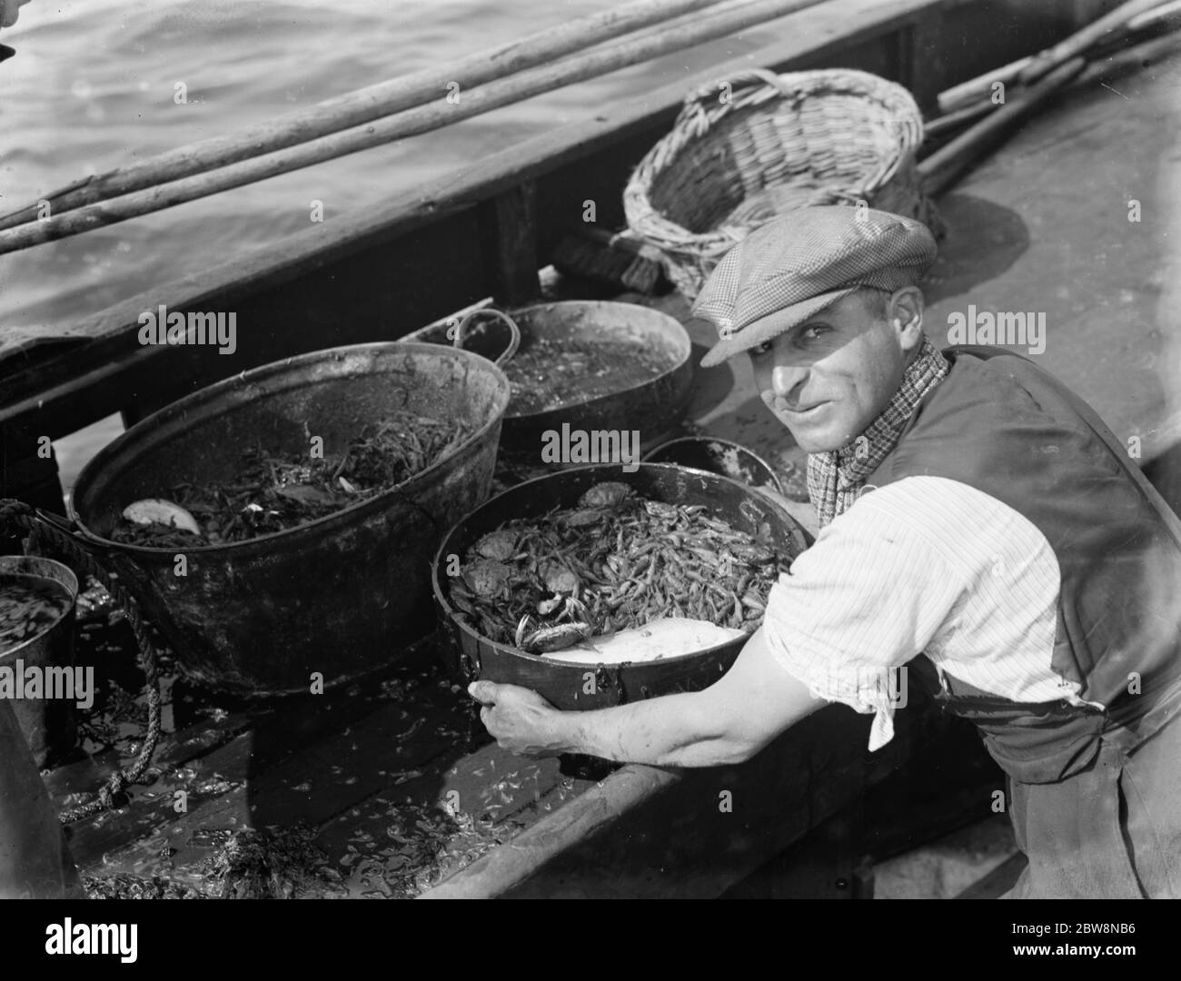 Ein Crewman wäscht die frisch gefangenen Garnelen. 1936 Stockfoto