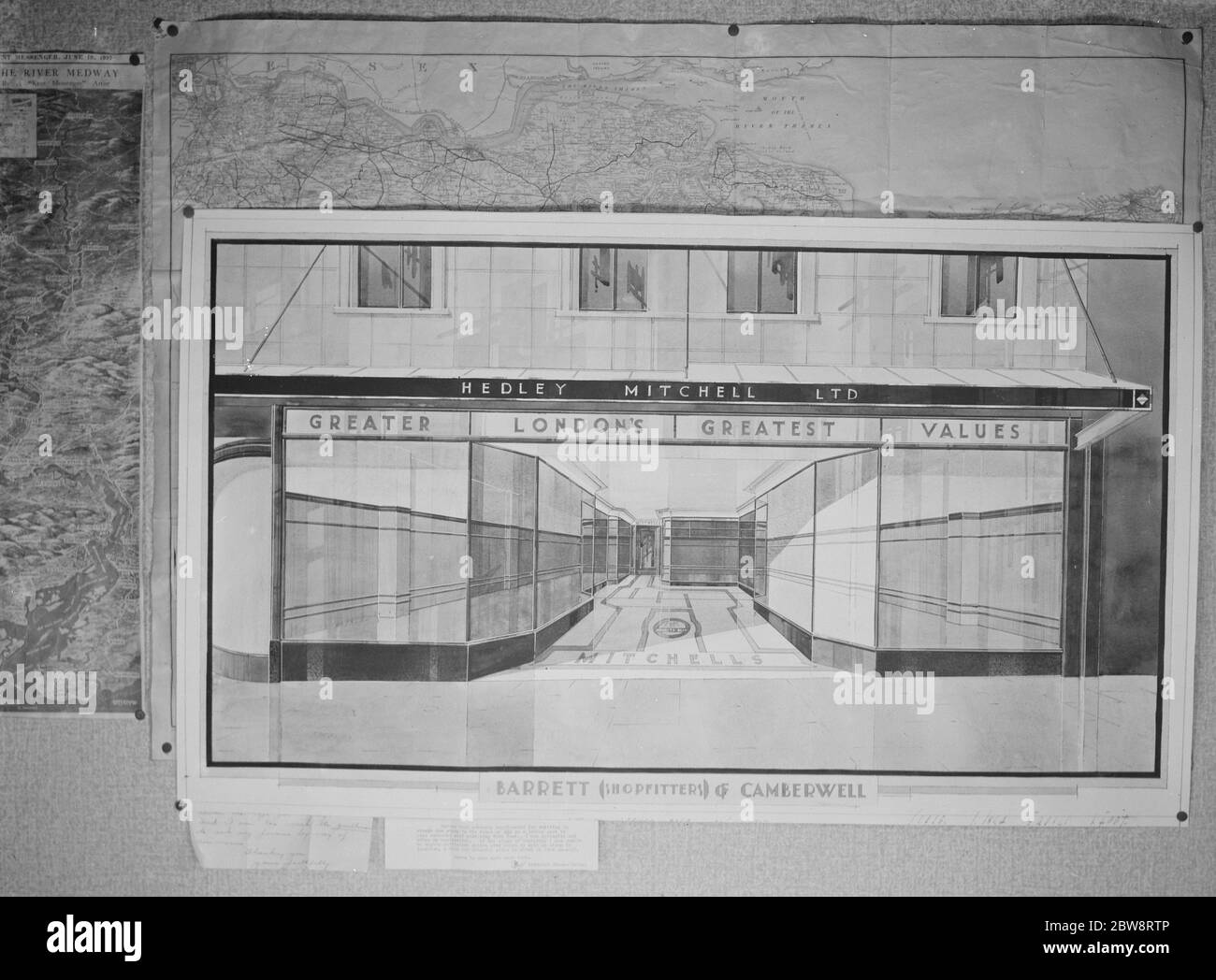 Designzeichnung für Hedley Mitchell Ltd., Ladenfront . 1938 Stockfoto