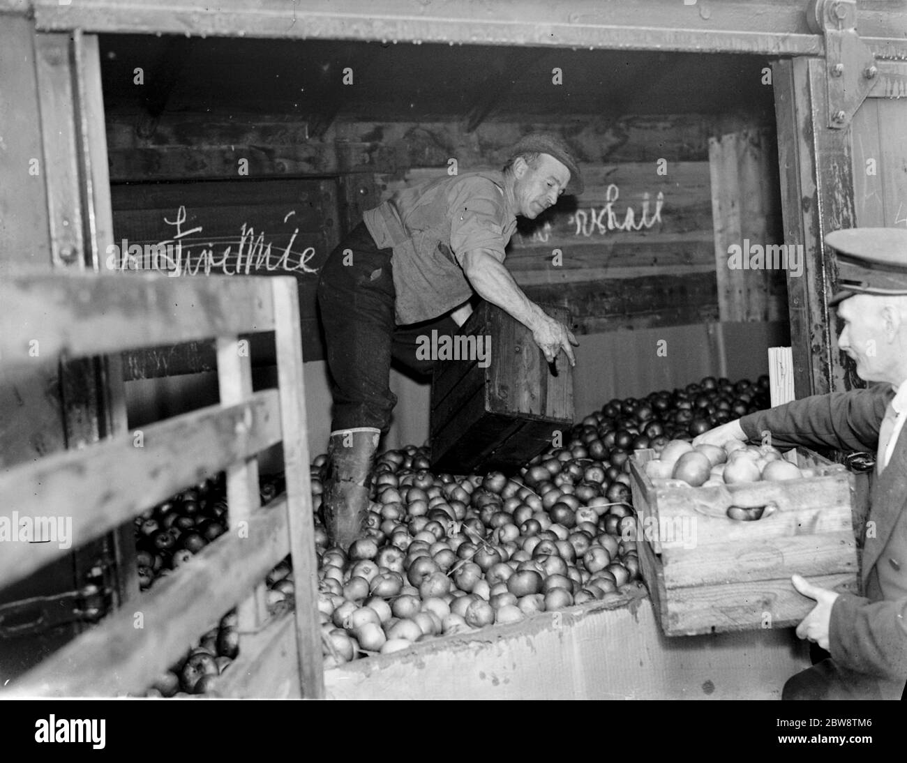 Kisten von Äpfeln werden geladen, bereit, nach Frankreich, Belgien und Deutschland zu exportieren. 1936 Stockfoto