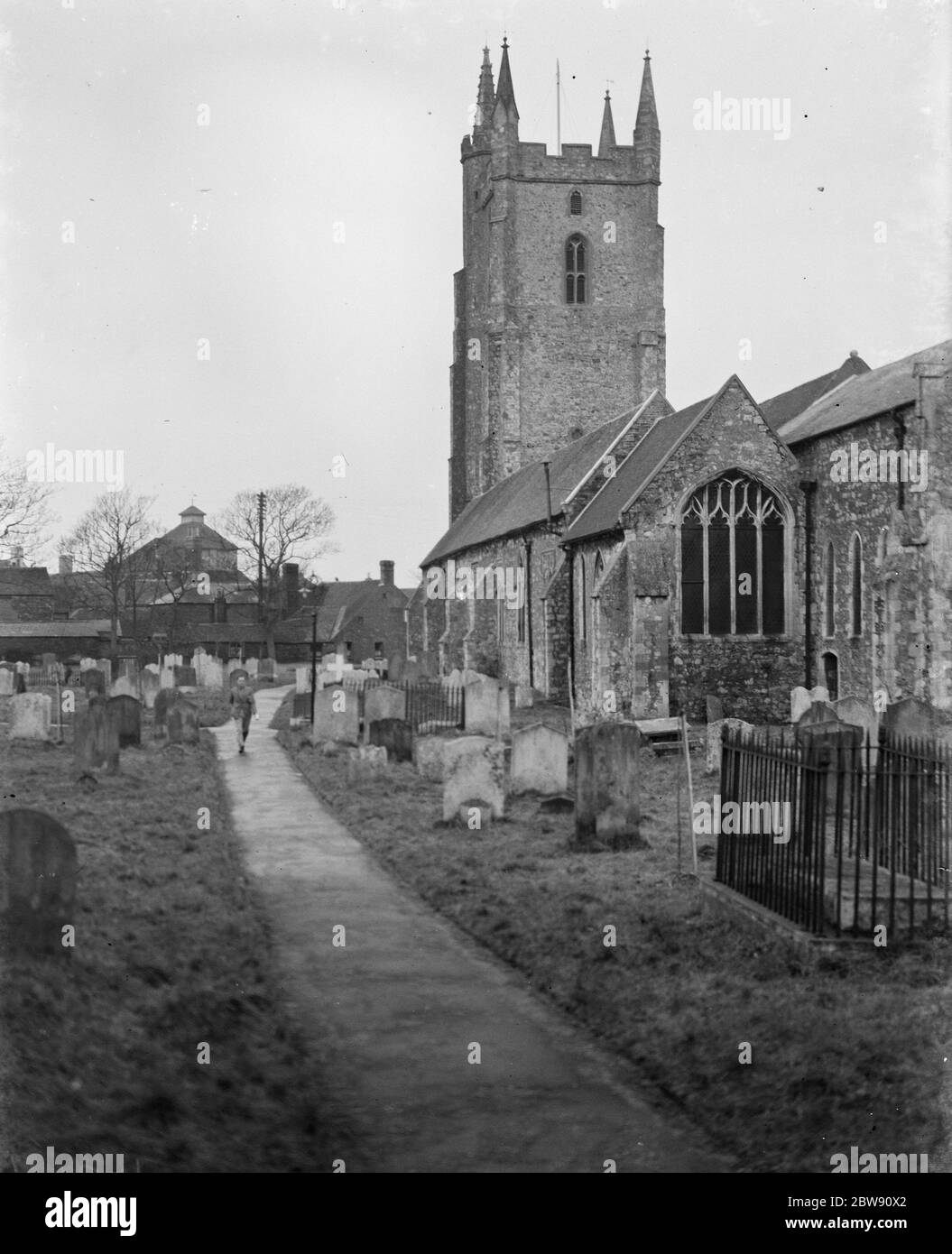 Außenansicht der Lydd Church, Kent. 17. Januar 1939 Stockfoto