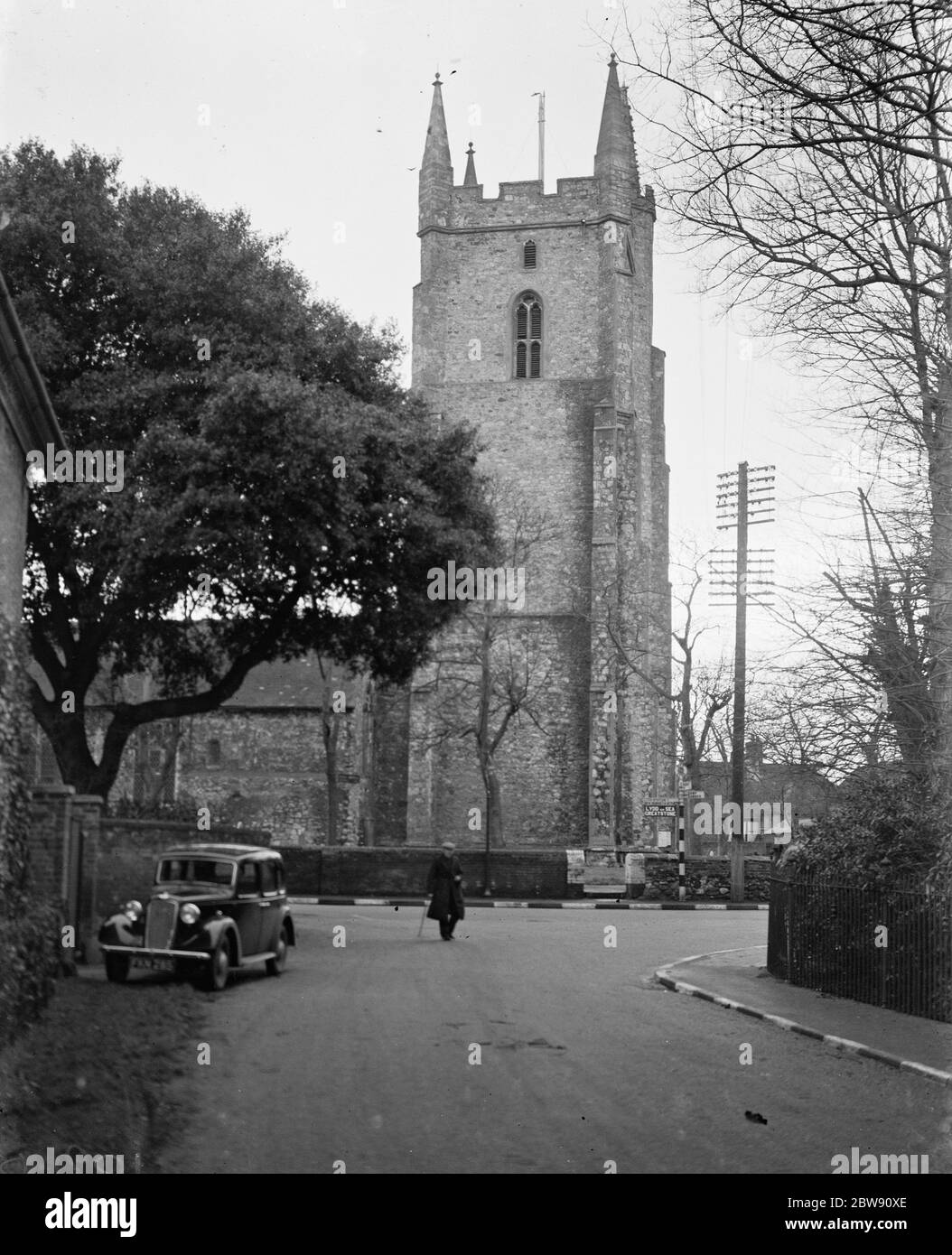 Außenansicht der Lydd Church, Kent. 17. Januar 1939 Stockfoto