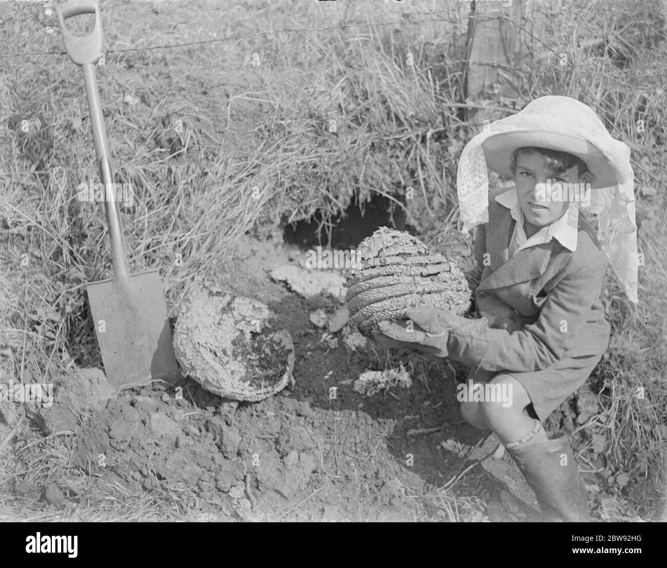 Ein Junge mit einem Wespennest. 1939 Stockfoto