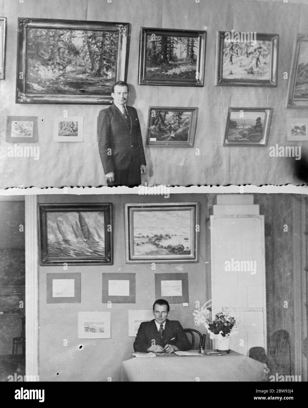 Zwei Porträts eines lettischen Künstlers, der von Großbritannien nach Amerika segeln soll. Die Porträts sind von ihm vor seinen Bildern 1939 aufgenommen Stockfoto