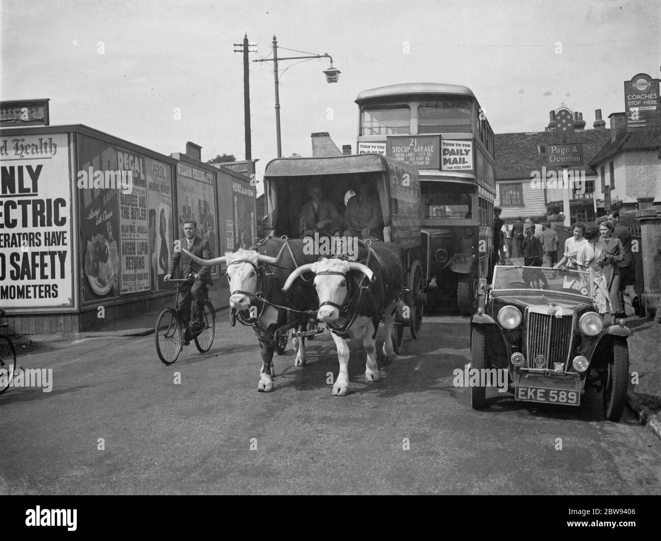 Ein Bullock und Wagen hält den Verkehr in Sidcup, Kent. 1938 Stockfoto