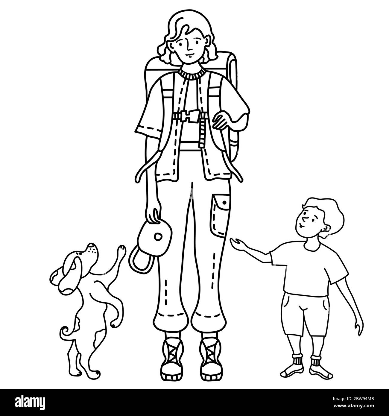Lineare Umrisszeichnung Doodles Familie. Mädchen in Hosen mit Taschen und mit einem Rucksack hinter dem Rücken in einer Mütze zu reisen. Neben einem Kind stehen Stock Vektor
