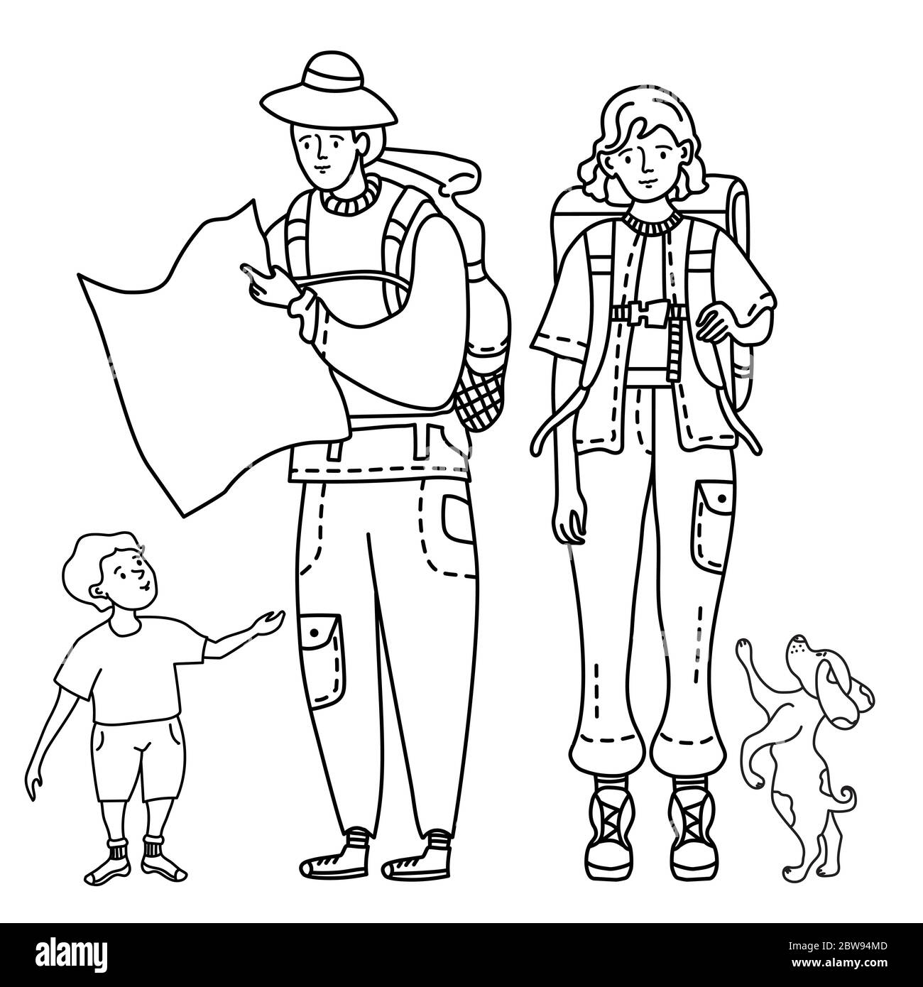 Lineare Umrisszeichnung kritzelt touristische Familie. Ein Mädchen in Hosen mit Taschen und mit einem Rucksack hinter ihrem Rücken zu reisen. Ein Mann in einem Hut hält eine Karte Stock Vektor