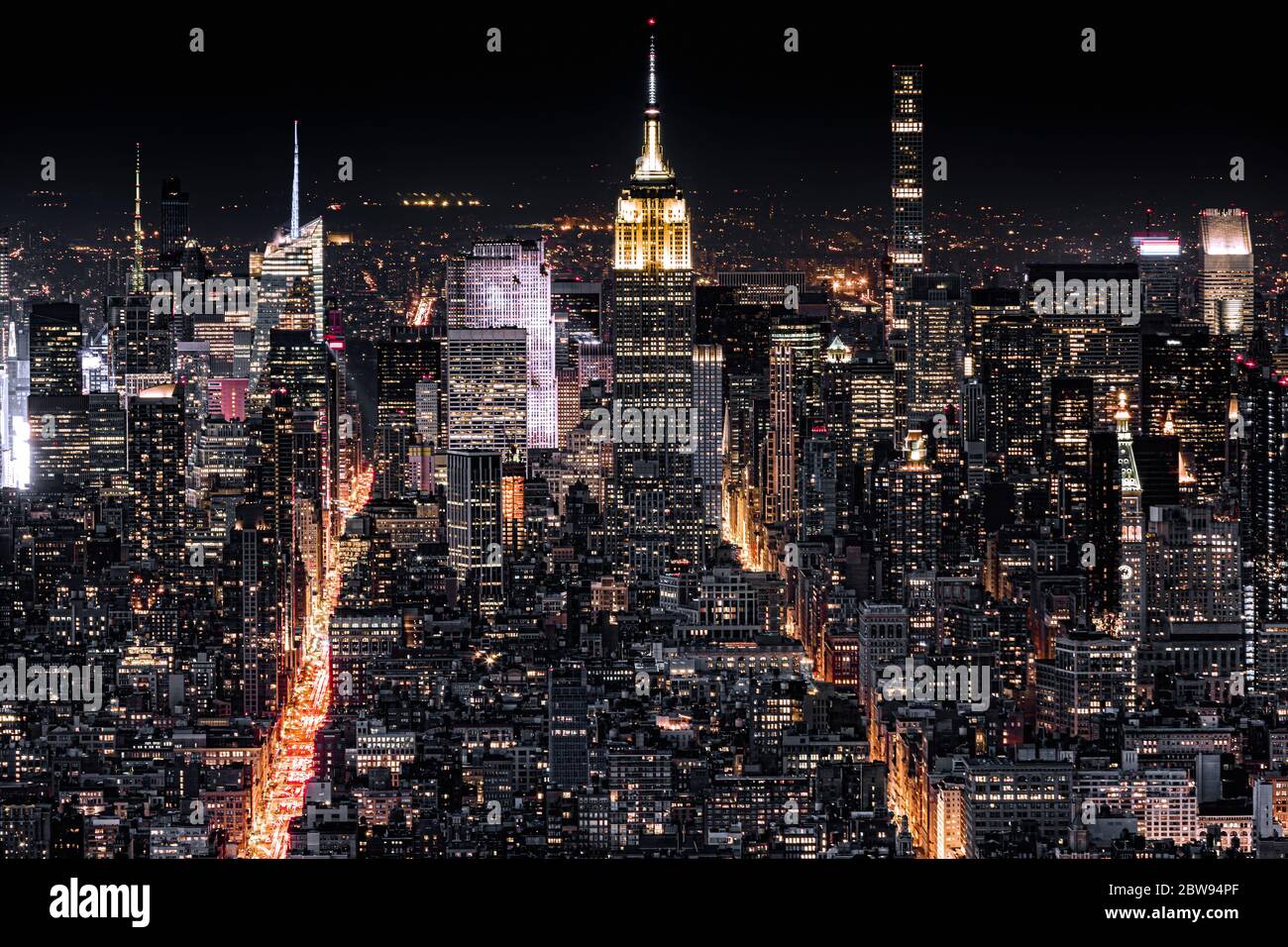 Luftaufnahme von New York City bei Nacht Stockfoto