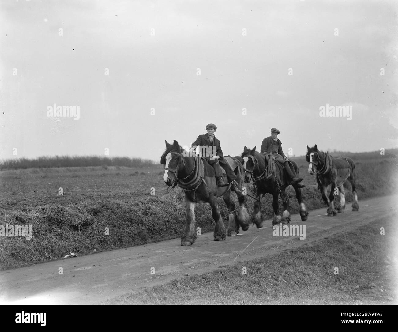 Landarbeiter Rückkehr nach Hause auf ihren Pferden nach einem Tag 's Pflügen. 1937 Stockfoto
