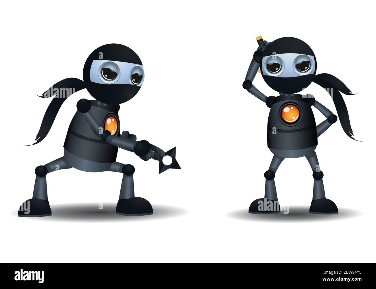 3d-Illustration von kleinen Roboter Doppel Ninja außergewöhnlichen Charakter auf isolierten weißen Hintergrund Stockfoto