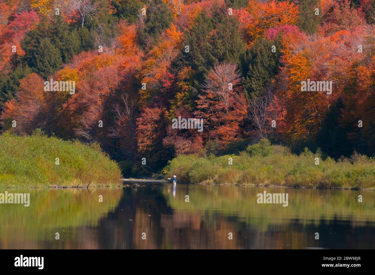 Ein Fliegenfischer wird reflektiert, als er seine Linie das Wasser am Waterbury Stausee während des Spitzenbelaubs in Moskau, Vermont, warf. Stockfoto
