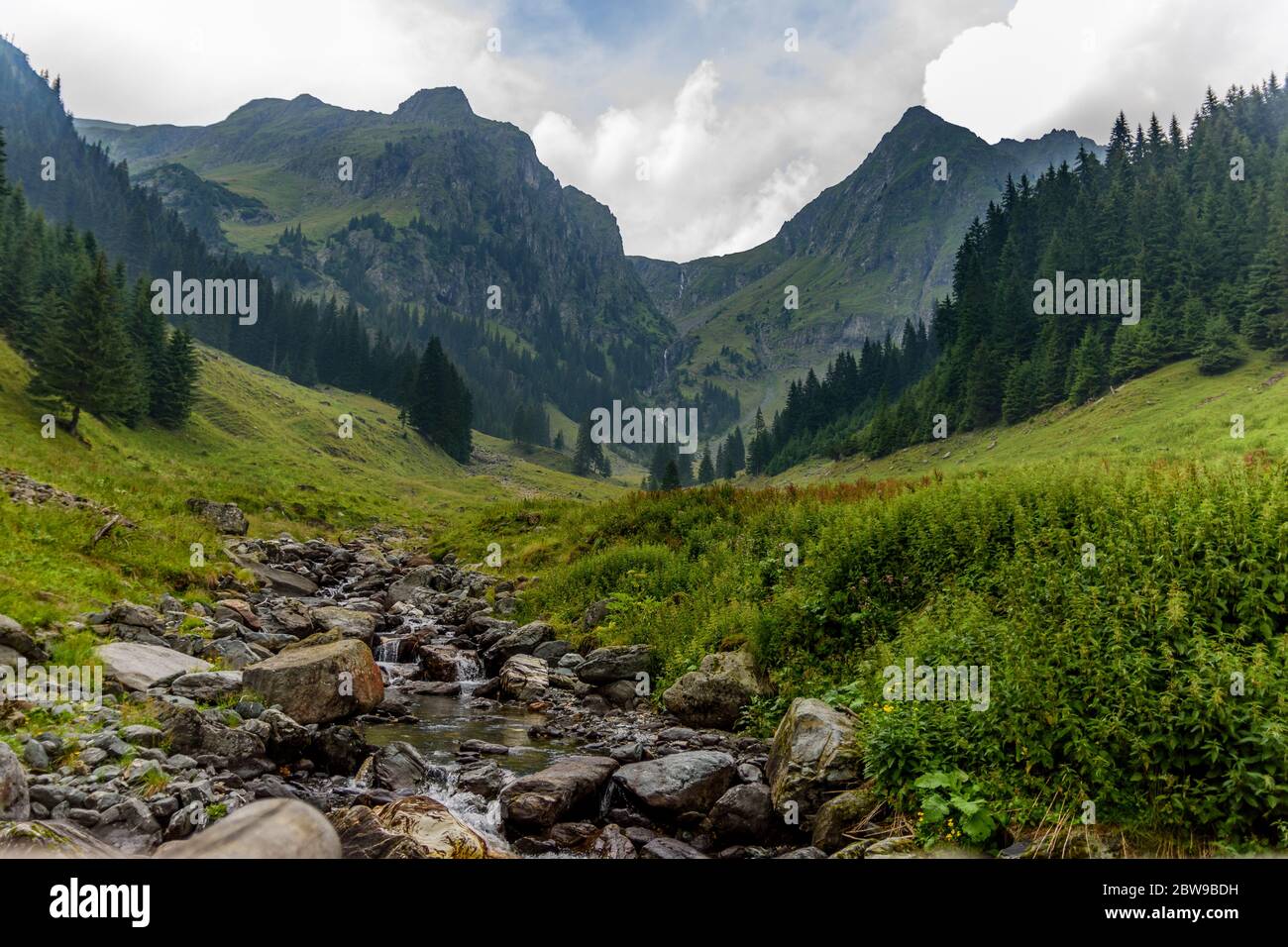 Gebirgsflusstal Landschaft aus Rumänien in Fagaras-Gebirge (Bad Valley) Stockfoto