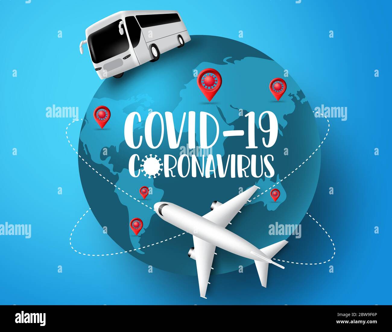 Coronavirus globales Reisevektorkonzept. Coronavirus covid-19 in der Welt Pandemie Ausbruch mit Flugzeug, Pass und Ticket-Elemente. Stock Vektor