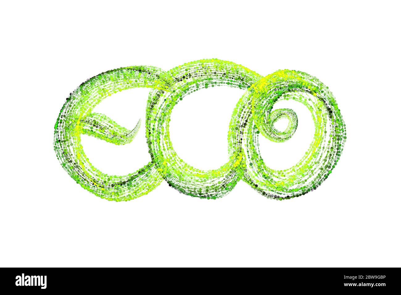 Handgeschriebene Wort-Beschriftung Eco von frischen grünen Bio-Kreisen von Konfetti-Teilchen auf weißem Hintergrund isoliert gemacht. Stockfoto