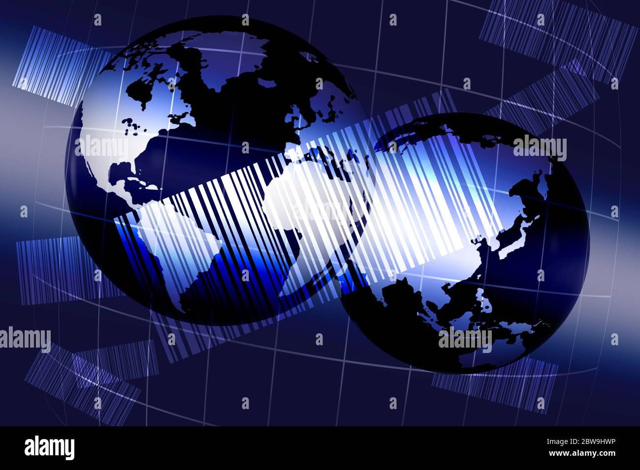 Digital generiertes Bild von Globen mit Barcodes Stockfoto