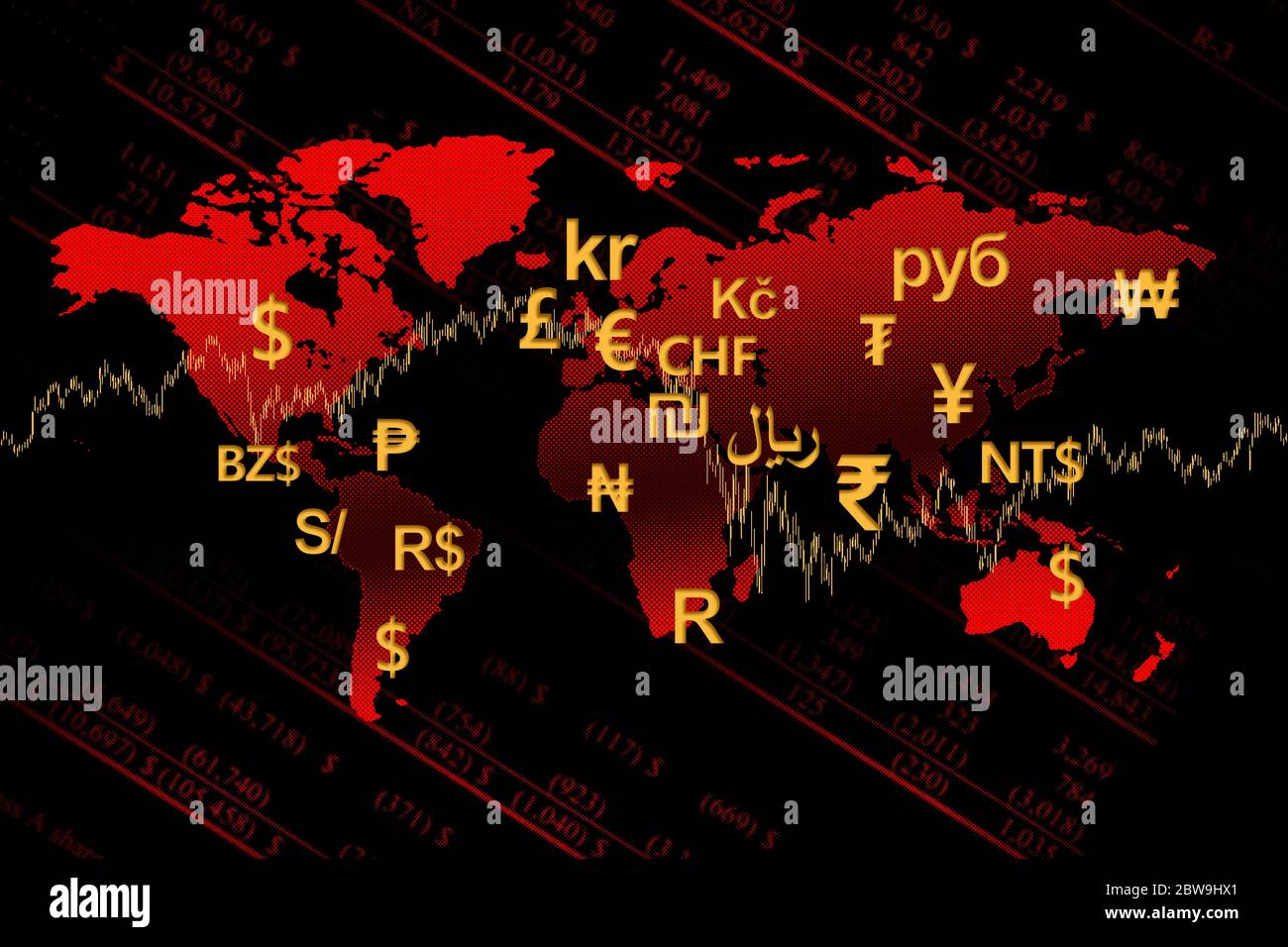 Weltkarte mit Währungszeichen und Finanzzahlen inmitten des Coronavirus Pandemie Stockfoto