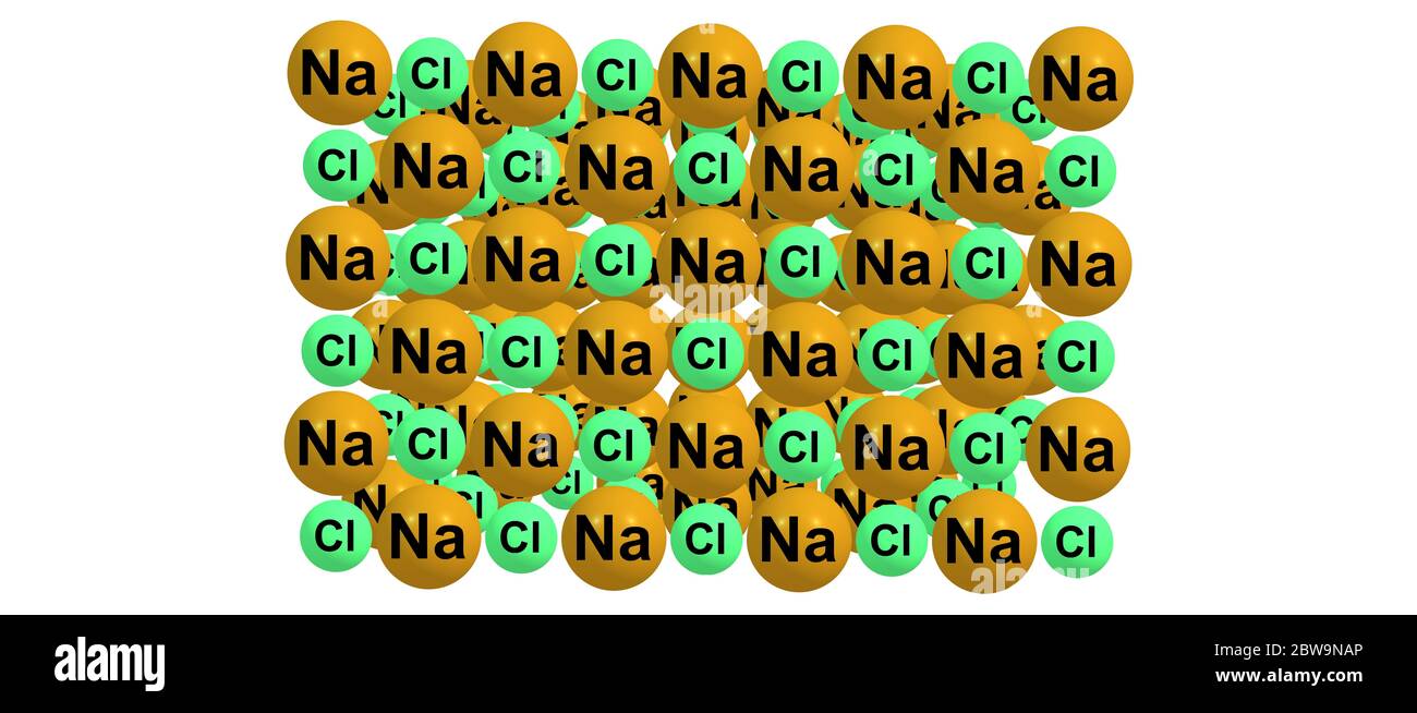 Natriumchlorid ist eine ionische Verbindung mit der chemischen Formel NaCl, die ein Verhältnis von 1 zu 1 von Natrium- und Chloridionen darstellt. 3d-Darstellung Stockfoto