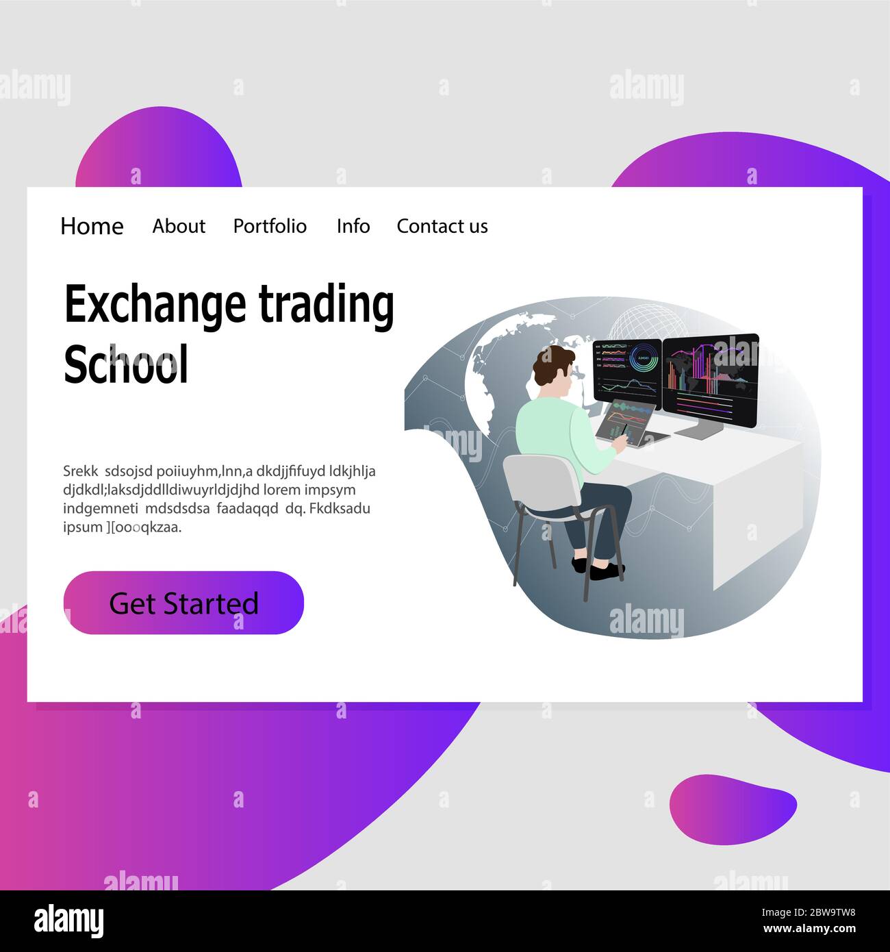 Exchange Trading School Landing Template . Vector Broker Schule, Bildung Kryptowährung und Studium kaufen verkaufen Rechnung Illustration Stock Vektor