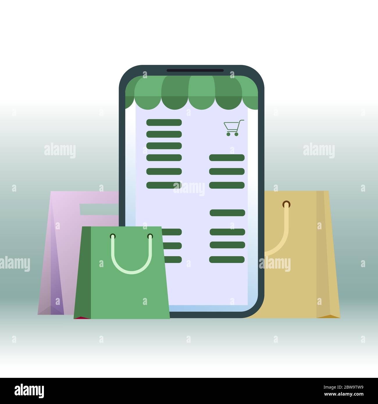 Online einkaufen, im Smartphone einkaufen. Mobiler Online-Handel, E-Shopping per Smartphone, Store-Marketing mit Markise. Vektorgrafik Stock Vektor
