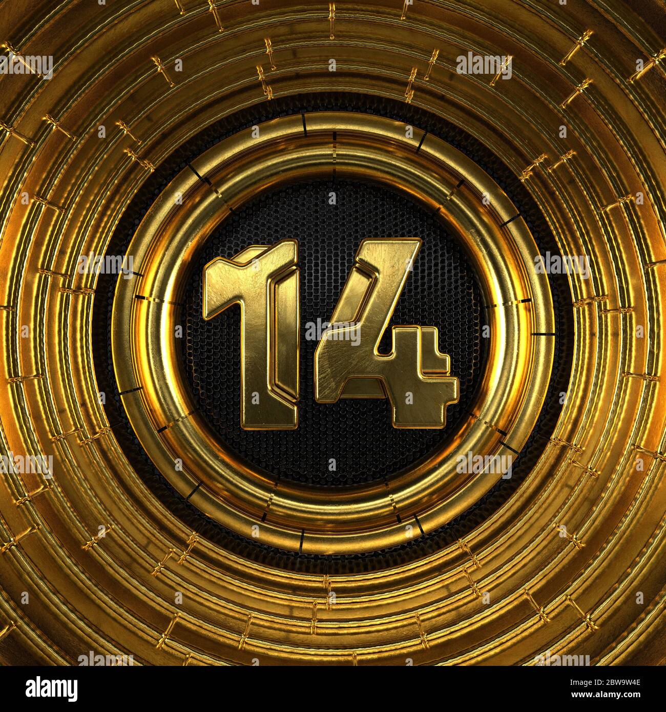 Goldzahl 14 (Zahl vierzehn) mit perforiertem schwarzem Metallgrund und goldenen Ringen um. 3D-Darstellung Stockfoto