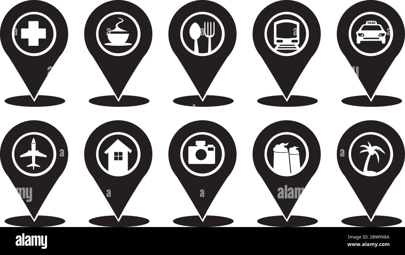 Isoliertes Vektorsymbol auf Kartenmarkierungen für Reise- und Transportdienste in Schwarzweiß. Stock Vektor