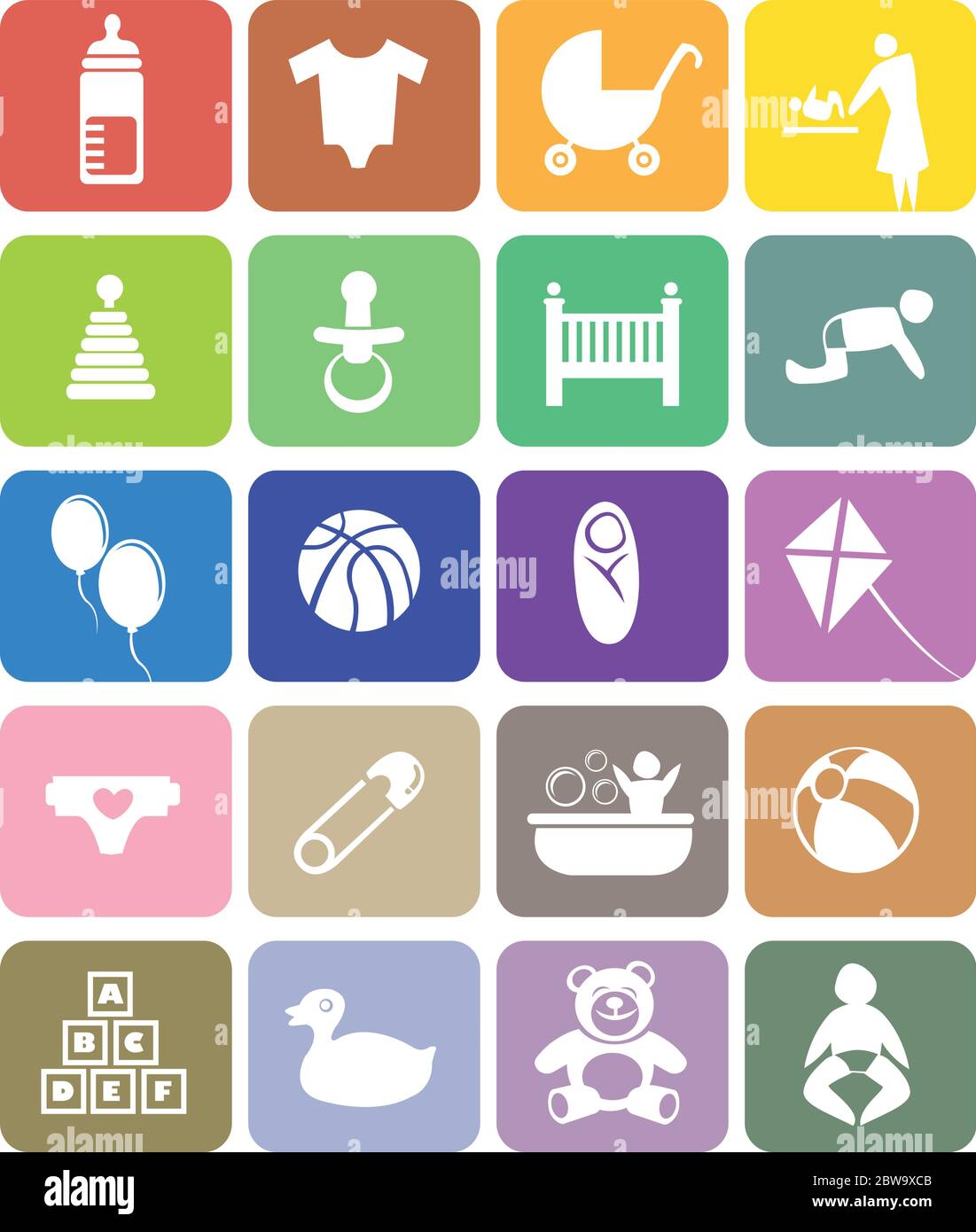 Bunte Vektor-Symbole auf Baby und Elternschaft Thema. Isoliert auf weißem Hintergrund Stock Vektor