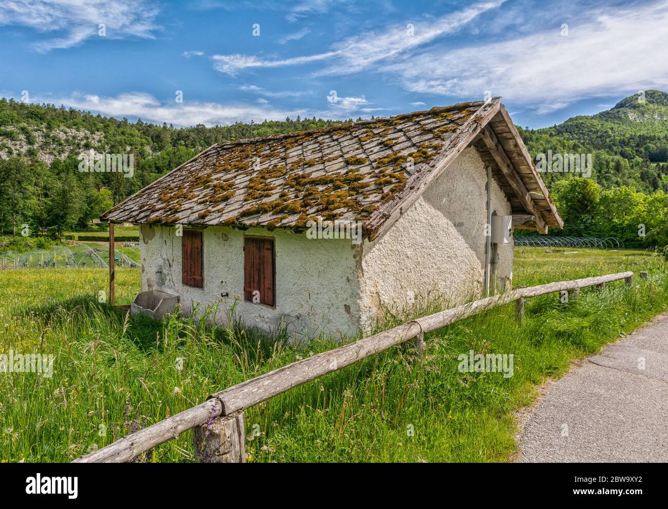 Kleines Holzhaus in einem grünen Bergtal von Trentino-Südtirol, Norditalien, Europa. Stockfoto