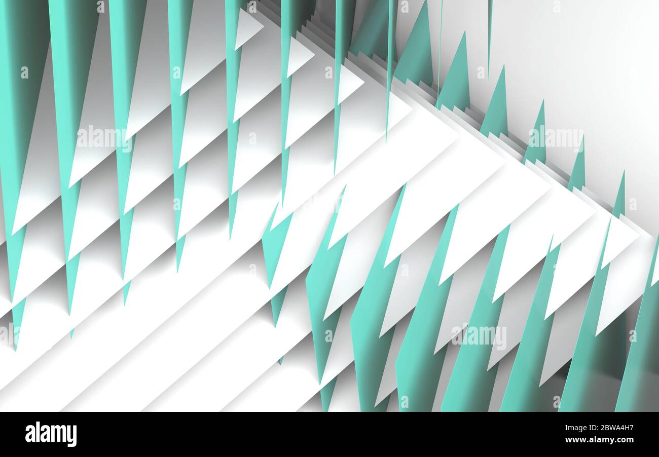 Abstrakter geometrischer Hintergrund, Installation von durchschneideten blauen und grünen Papierblättern. 3d-Rendering-Illustration Stockfoto
