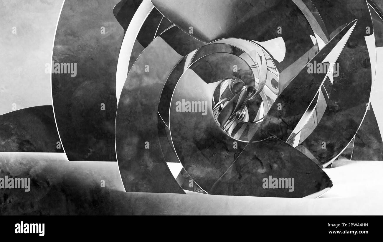 Abstrakter CGI-Hintergrund mit dunkler Spiralinstallation, 3d-Rendering-Illustration Stockfoto